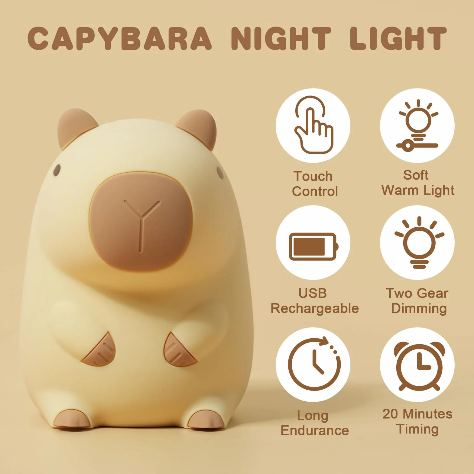 URAQT Capybara Luce Notturna per Bambini, Capybara Lampada Touch Control per Comodino, Ricarica USB e Timer, Dimmerabile Luce Notturna in Silicone, Luce Notturna Neonato Cameretta Bambina Regalo