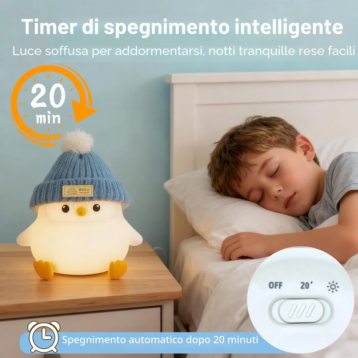 FAMIDUO Lampade Bambini Cameretta Pinguino con Cappello Lavorato a Maglia, Lampada Pinguino Morbida Kawaii, Silicone per Uso Alimentare,Luce Notturna Dimmerabile,LED Ricaricabile Luce Notturna Bambini