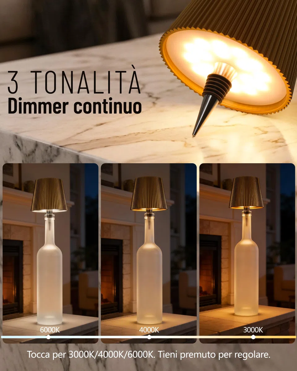 Beaeet Lampada per Bottiglia LED Nero Senza Fili, Touch Dimmerabile 3 Colori, Ricaricabile USB-C, Decorativa per Casa Terrazzo Campeggio Feste Regalo