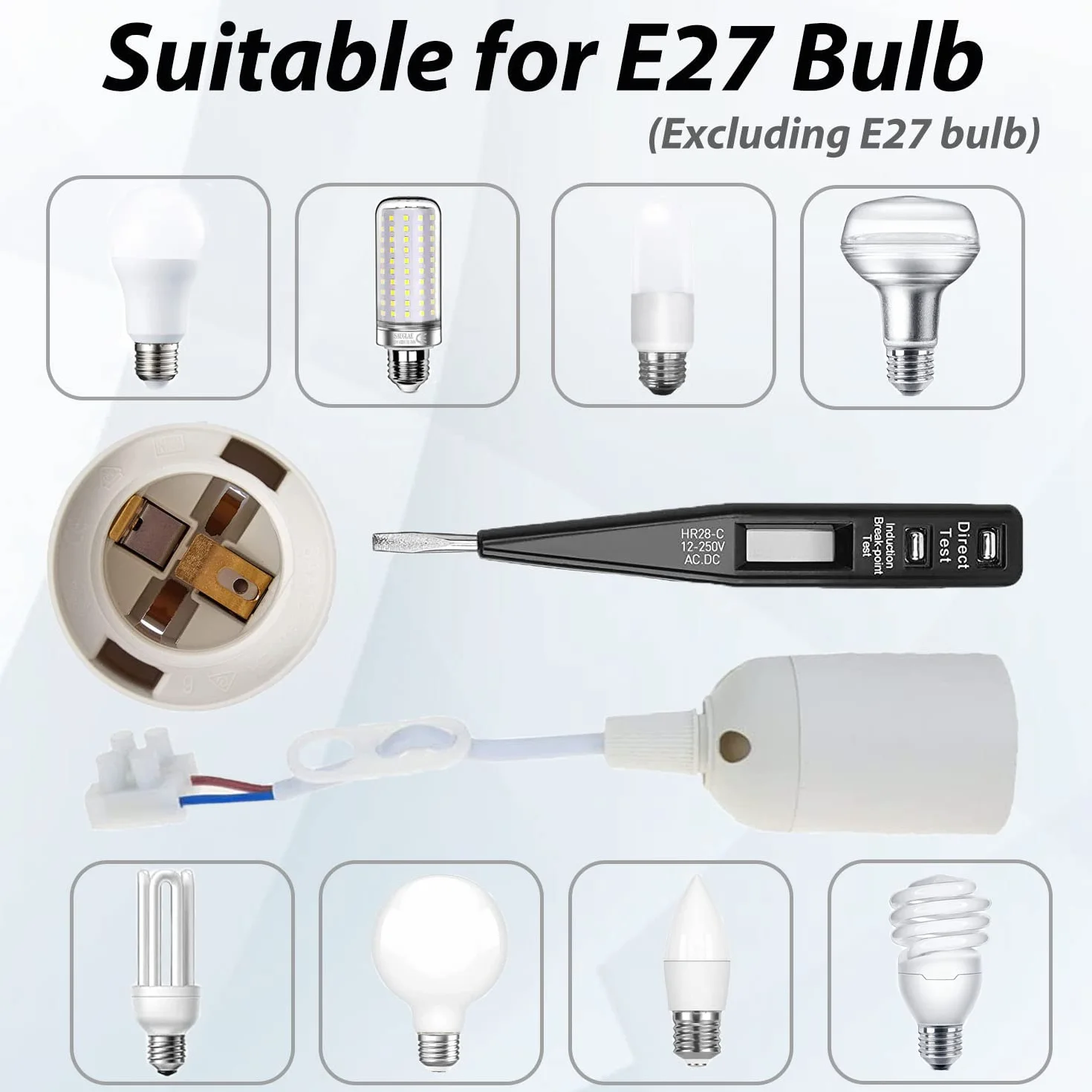 12 Pezzi Portalampada E27 Porta Lampadina Portalampada E27 per Cantiere/Ristrutturazione/Lavori,E27 Lampade Basi con Filo e Terminale,Tester di Tensione,Supporto della Lampada