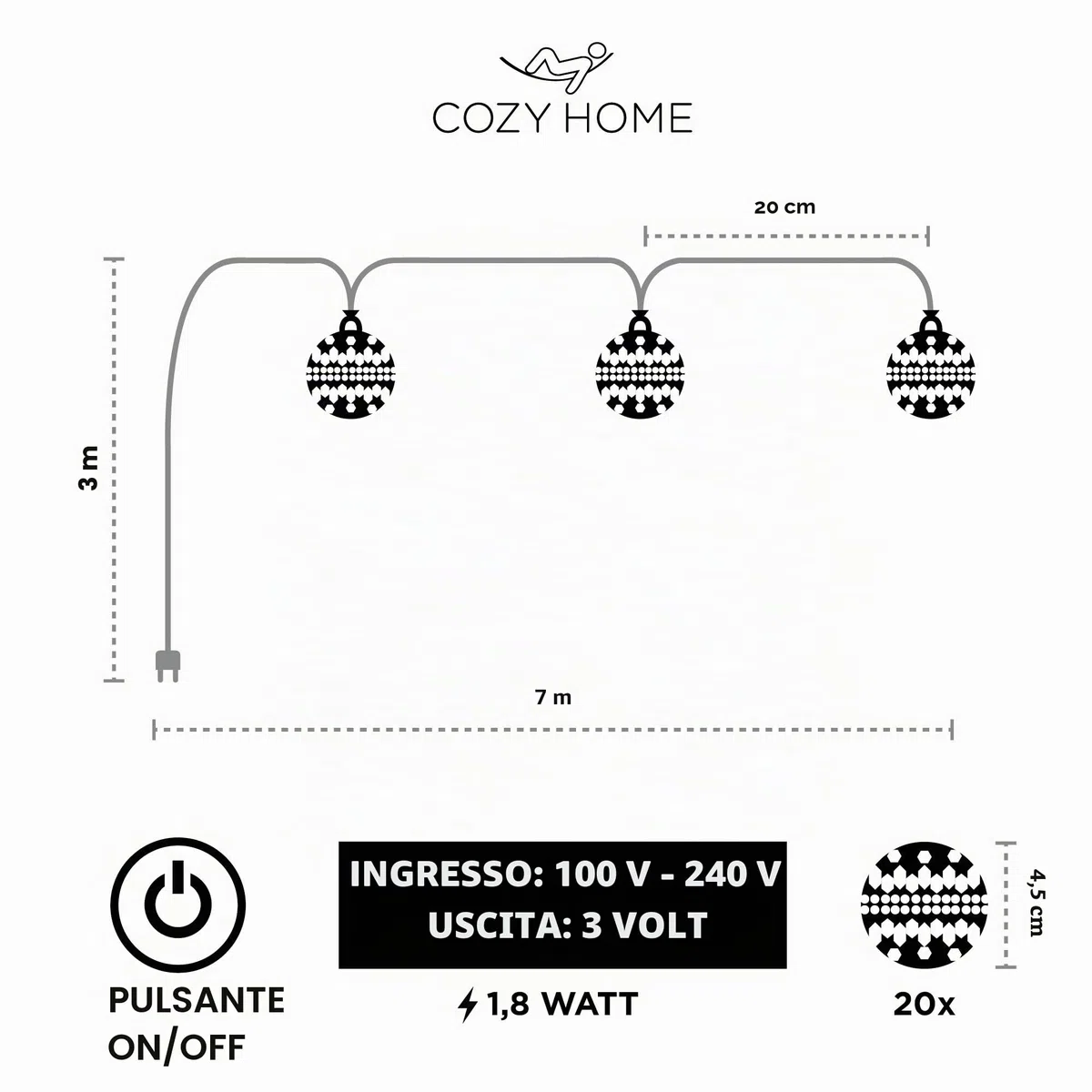 CozyHome Luci Led Marocchine - 7 metri & 20 LED in bianco caldo I Con spina I Per interni I Lucine Led Decorative Camera Da Letto Ghirlanda Luminosa Catena Luminosa Interno Luci Albero Filo Led Lights