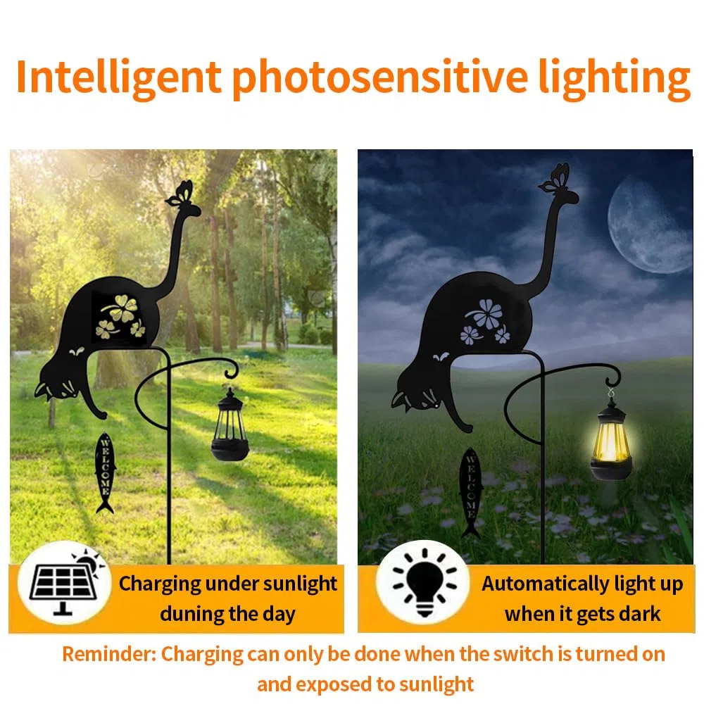 Solare alimentato nero gatto luce di pesca, giardino decorativo ferro arte gatto carino pesca terra luce, tramonto senza fili all'alba LED lampada paesaggio impermeabile.