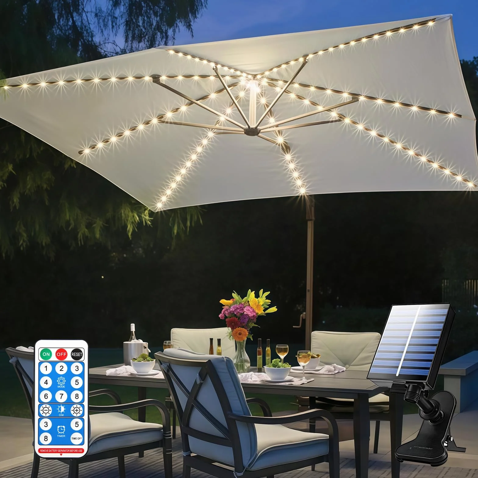 Catena di luci per ombrellone solare, illuminazione con telecomando, LED 8 modalità, 104 LED, luce, IP67, impermeabili da giardino, baldacchino