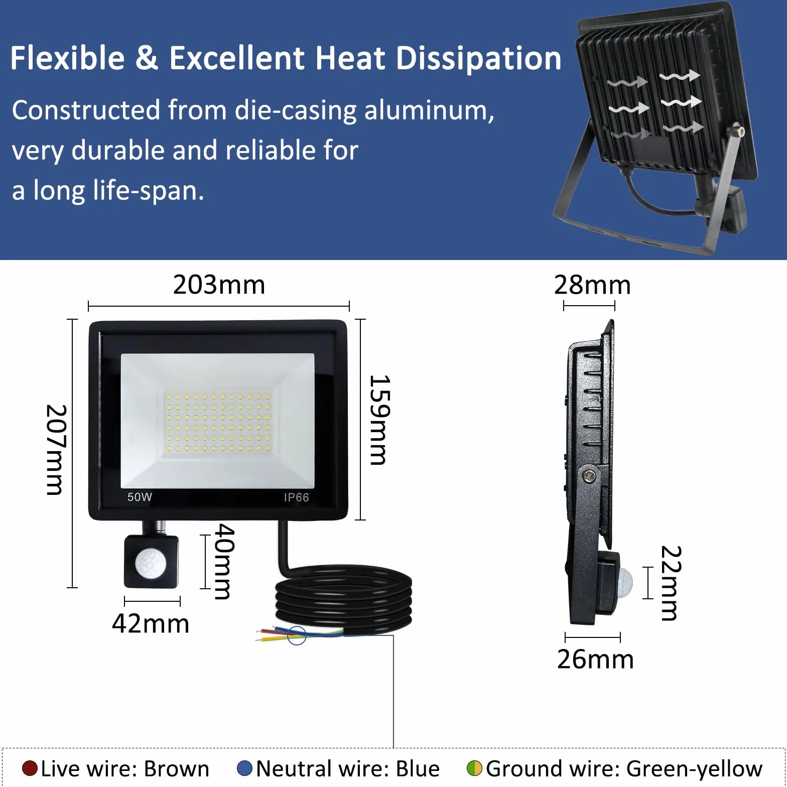 Caldarax 50W Fari Led da Esterno con Sensore di Movimento, 4500LM 6500K Bianco Freddo Faretto LED Esterno, IP66 Impermeabile Faro LED Interna ed Esterna per Garage, Giardino, Cortile