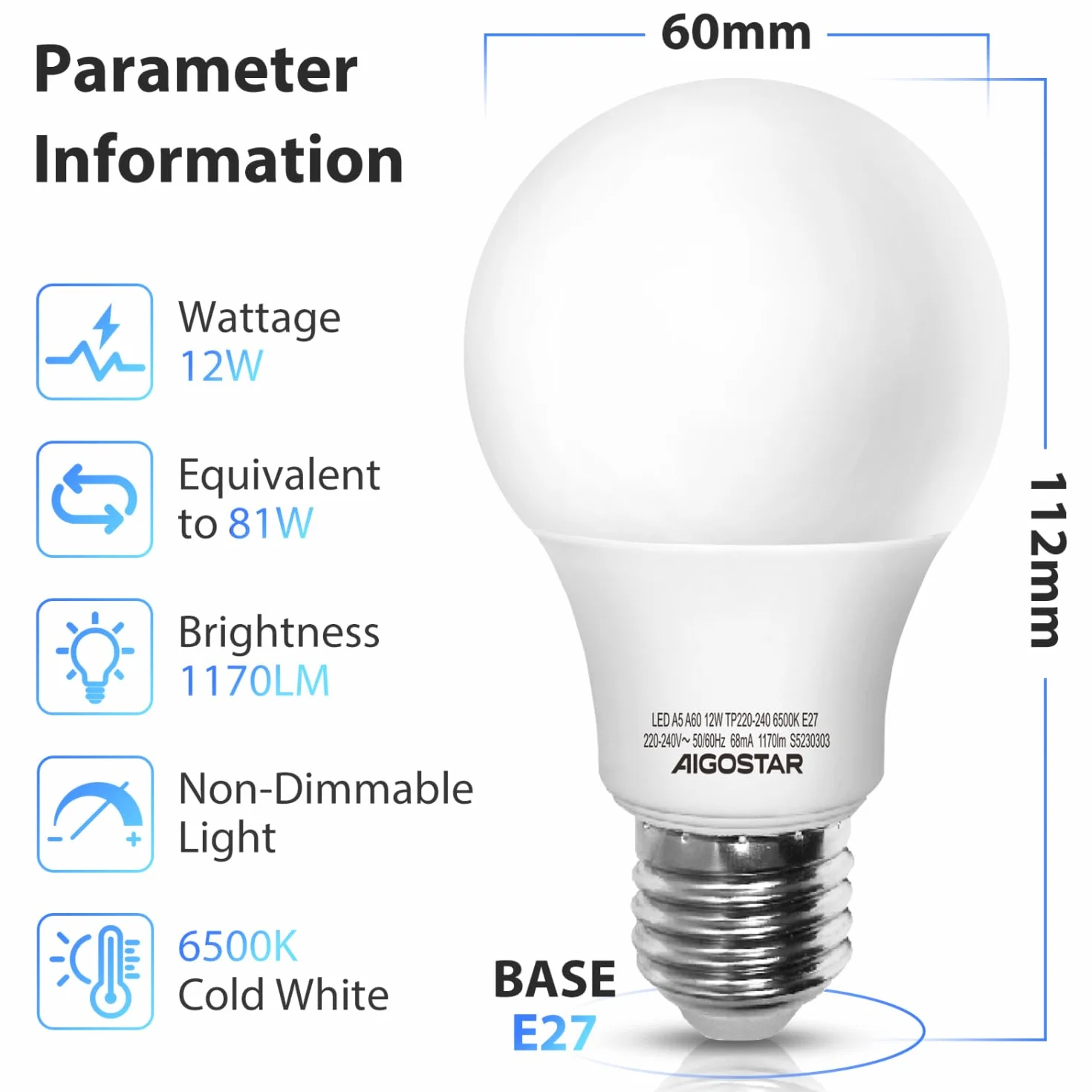 Aigostar Lampadina LED E27 Luce Bianca Fredda, 12W Lampadine a led per casa 6500K, 1170 Lumen, Angolo del Fascio di 280 Gradi, CRI>80+, non dimmerabile, Pacco da 7