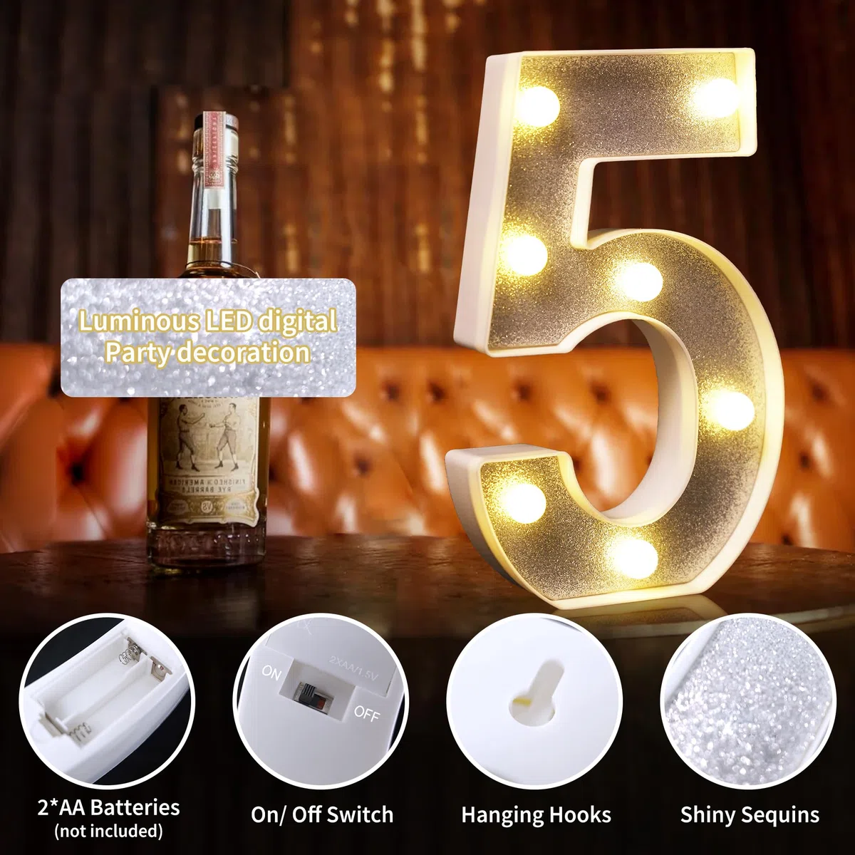Numero 5 argento glitterato decorazione LED luci con numero, adatti per feste di compleanno, baby shower, sfondo matrimonio e decorazione della casa, 21 cm