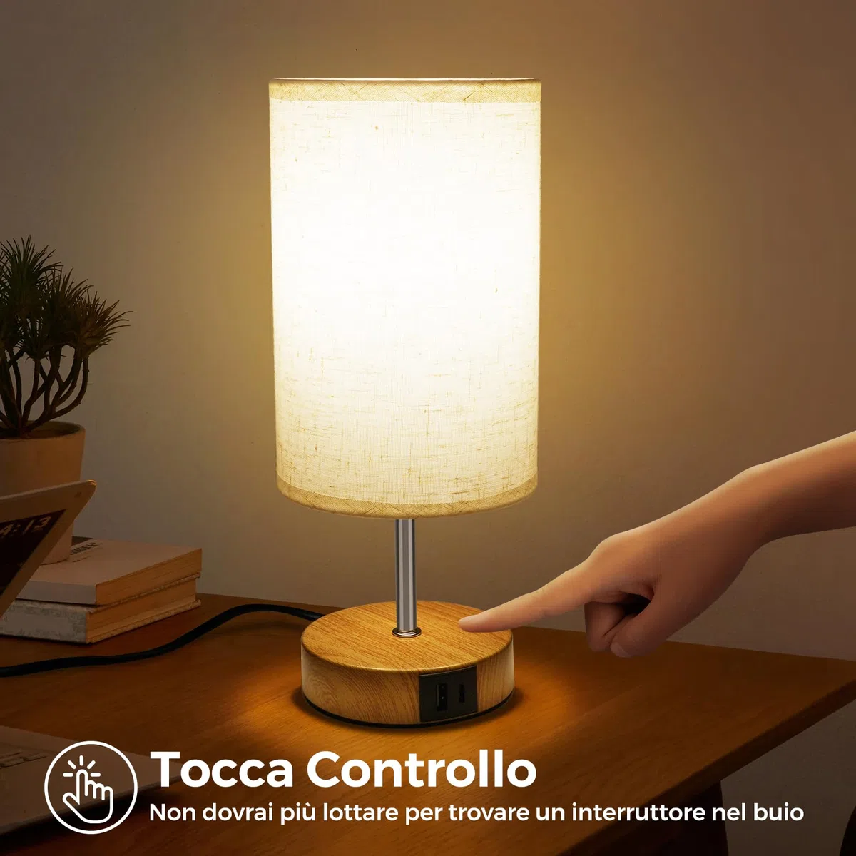 Suright Lampada da Comodino Touch Dimmerabile, Lampada da Tavolo con Porte di Ricarica USB A+C, Paralume in Tessuto di Lino, Abat Jour da Comodino per Camera da Letto Soggiorno (Lampadina Inclusa)