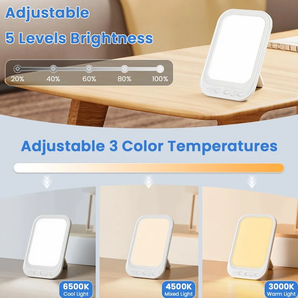 Lampada per Terapia della Luce 10000LUX, Lampada a Luce Diurna con 3 Temperature di Colore 5 livelli di Luminosità e 4Timer, Lampada SAD Pieghevole a 90° per Ufficio/Casa, Senza Raggi UV