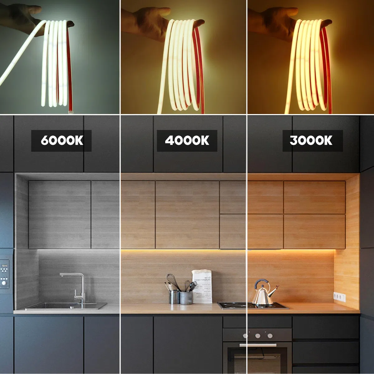 XUNATA Tira de LED COB 220V con Cinta Adhesiva, Alto Brillo 240 LED/m, IP65 Impermeable, Corte de 10cm, Luz de Cuerda Flexible con Alimentación (Blanco Cálido, 2m)