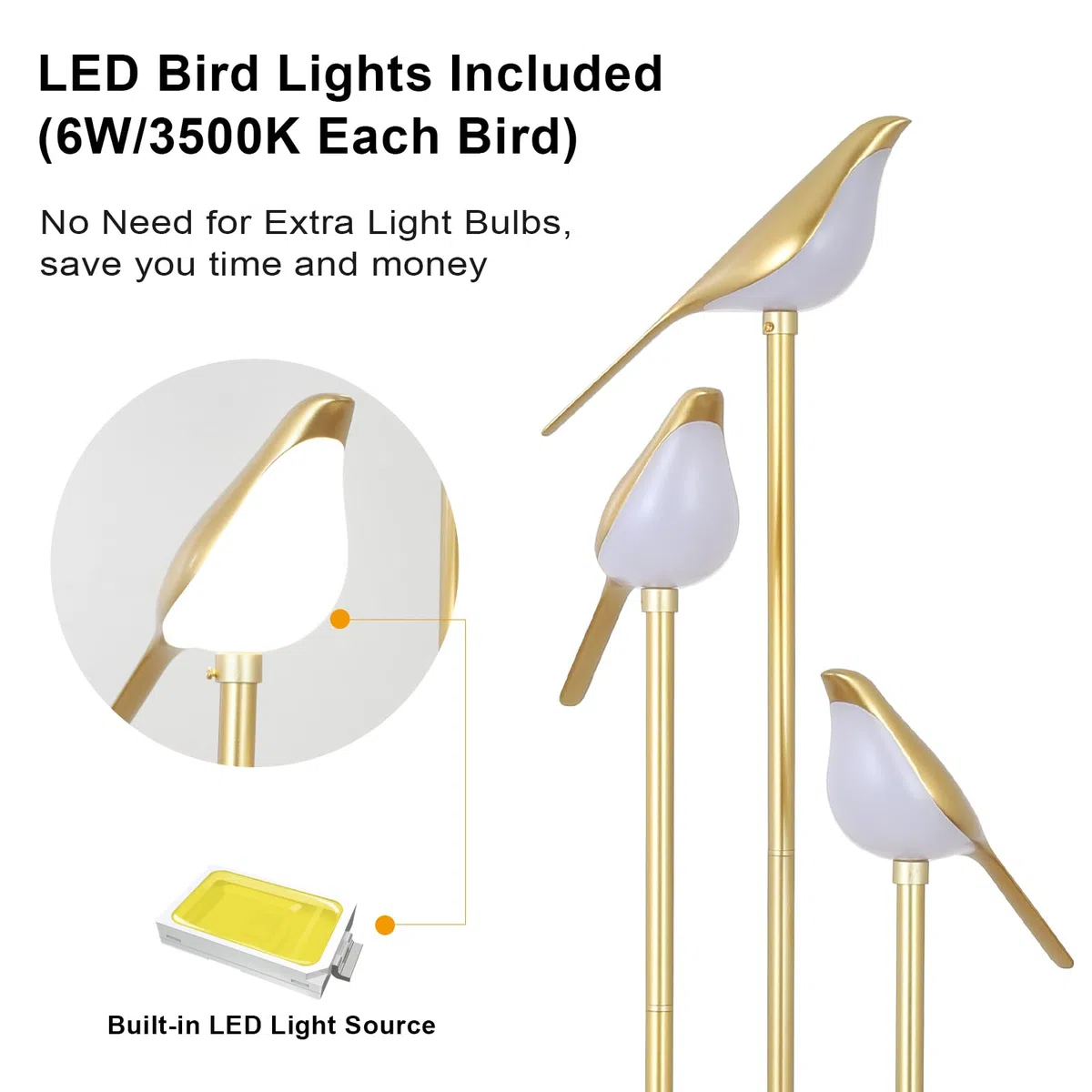 Lampada da terra dorata per soggiorno con ripiani - Lampada da terra moderna di metà secolo con 3 luci LED regolabili a forma di uccello, lampada ad angolo alto con tavolo, supporto