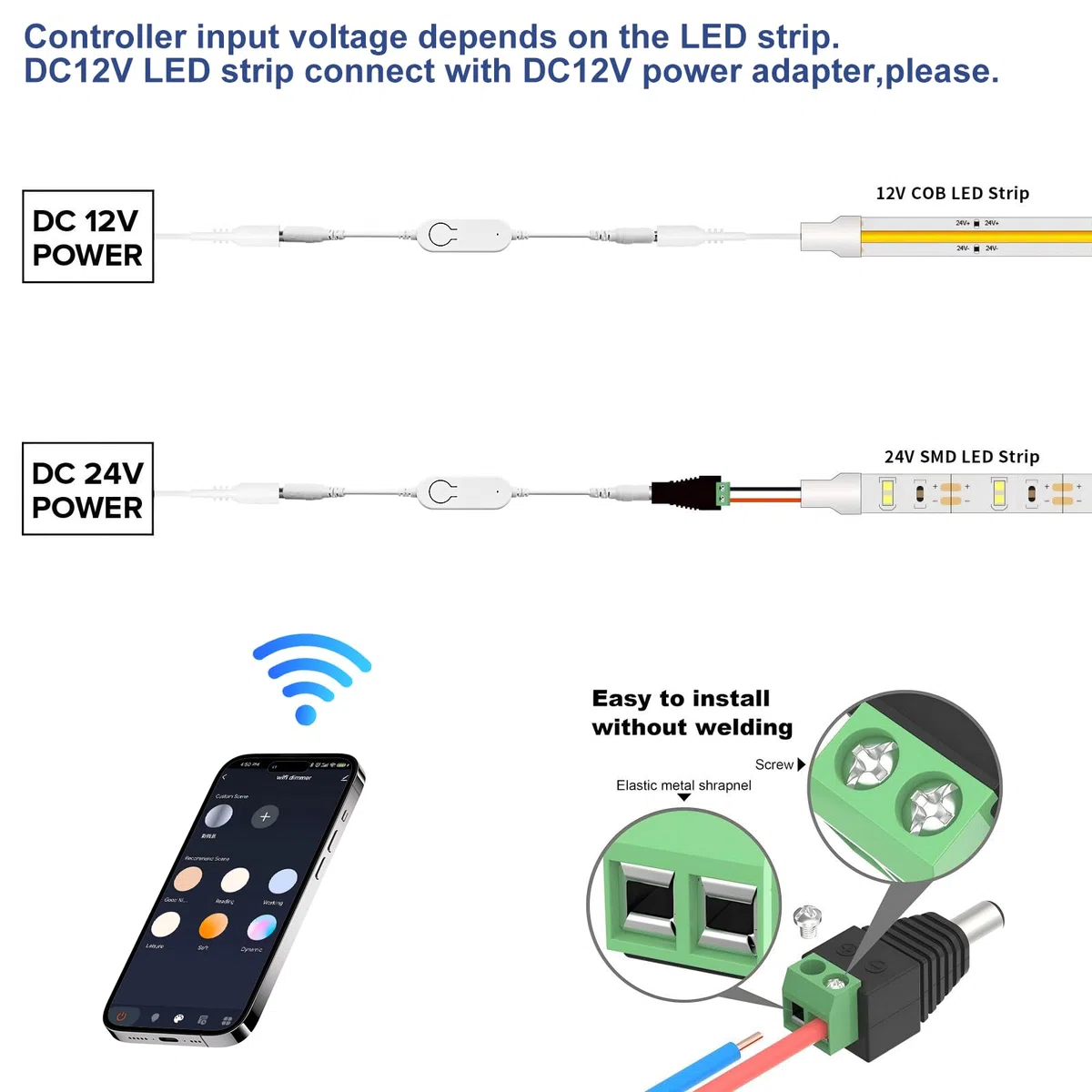 WiFi Dimmer Controller,Compatibile App Tuya/Alexa/Assistente Google,Controllo Vocale,Timer,12V-24V Dimmer Switch per luci a Striscia LED COB SMD 5630 5730 5730 3528(Singolo Colore)