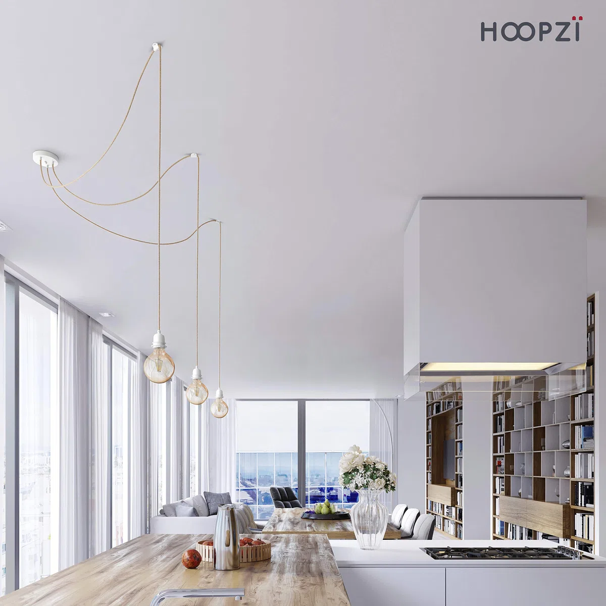 Hoopzi - Hang 3 - Lampadario a Sospensione - 2,5 Metri - Cavo Elettrico Tessuto - 3 X Portalampada E27 - Per Camera da Letto, Soggiorno, Cucina - Corda e bianco