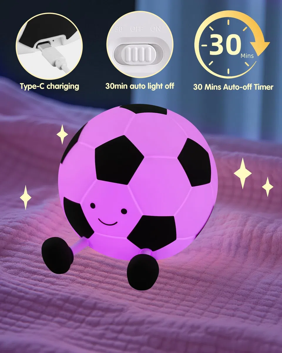 YISUN Luce Notturna Bambini Pallone da Calcio,Lampada da Notte per Neonati​ 7 Colori 3 Modalità di Luce,Controllo Touch,Lampada Carina in Silicone
