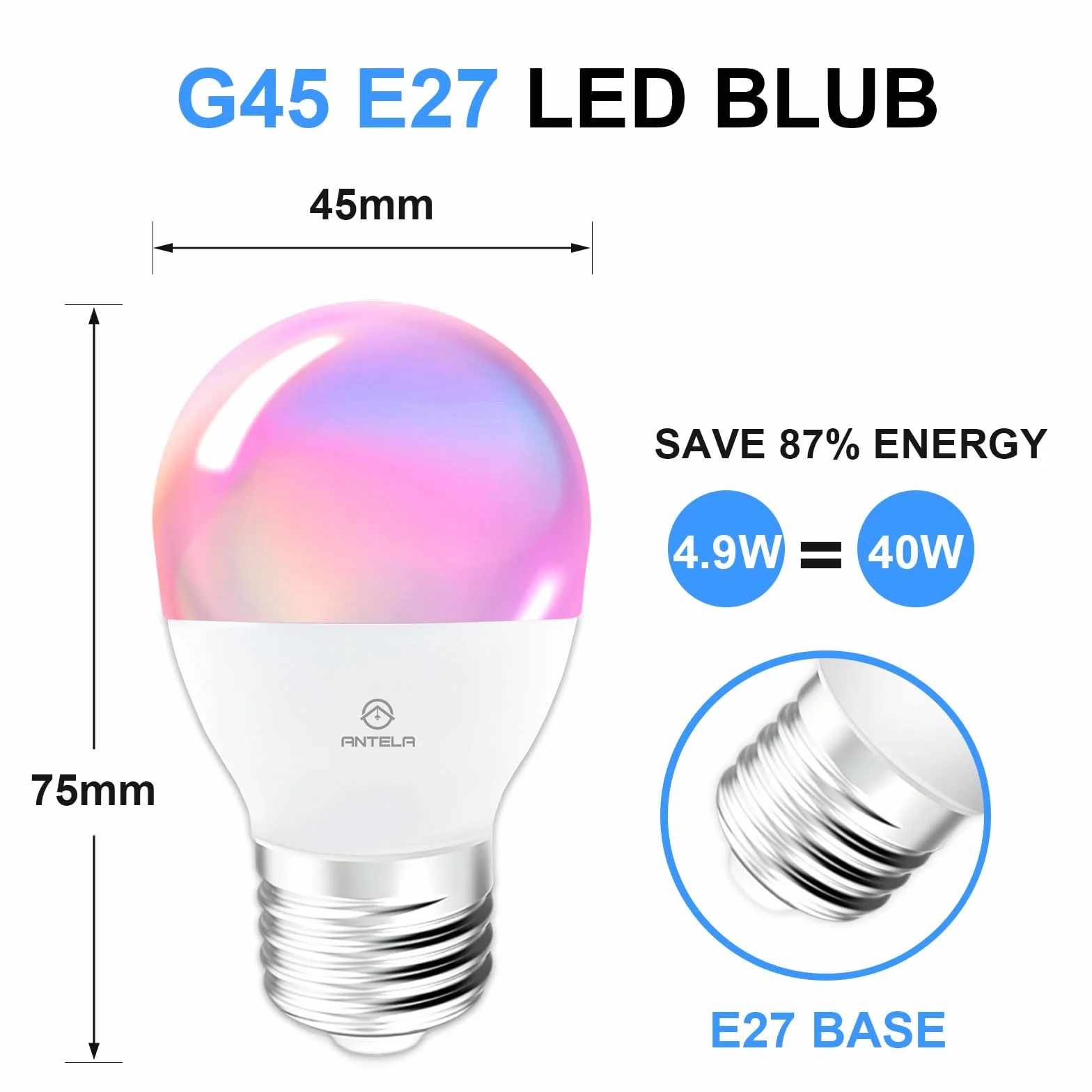 ANTELA Lampadine LED Alexa Inteligente WiFi E27 G45, 4,9W 470LM Dimmerabile RGB & 2700K-6500K Bianco Freddo Caldo, Compatibile con Alexa/Google Home, 2Pezzi
