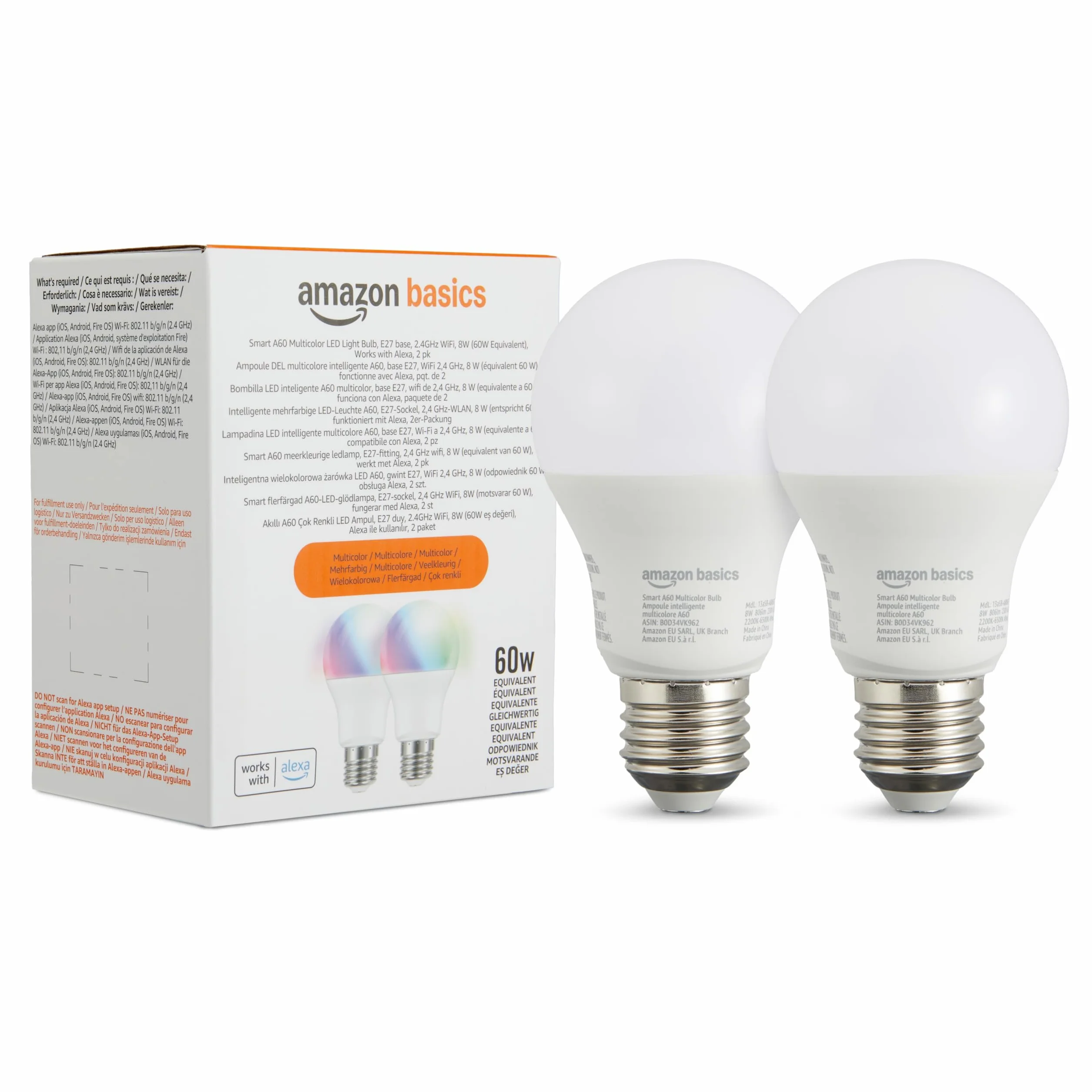 Amazon Basics Lampadina LED intelligente, multicolore, con attacco E27, 8W (equivalente a 60W), compatibile solo con Alexa, 2 confezione