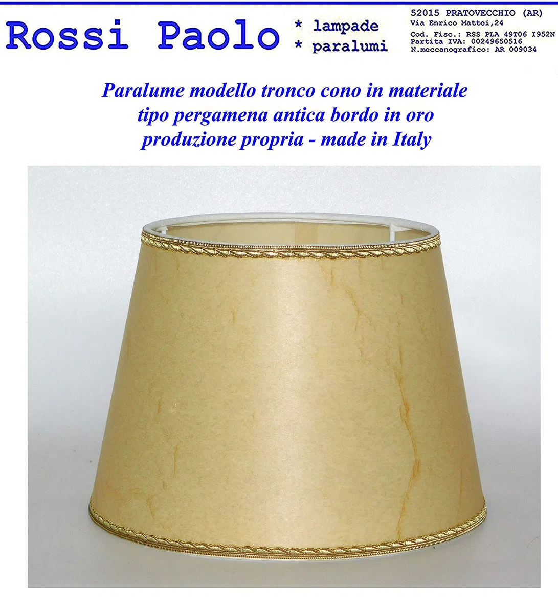 Paralume classico cappello in finta pergamena antica con bordo in oro - produzione propria made in Italy (tronco cono, cm 20)