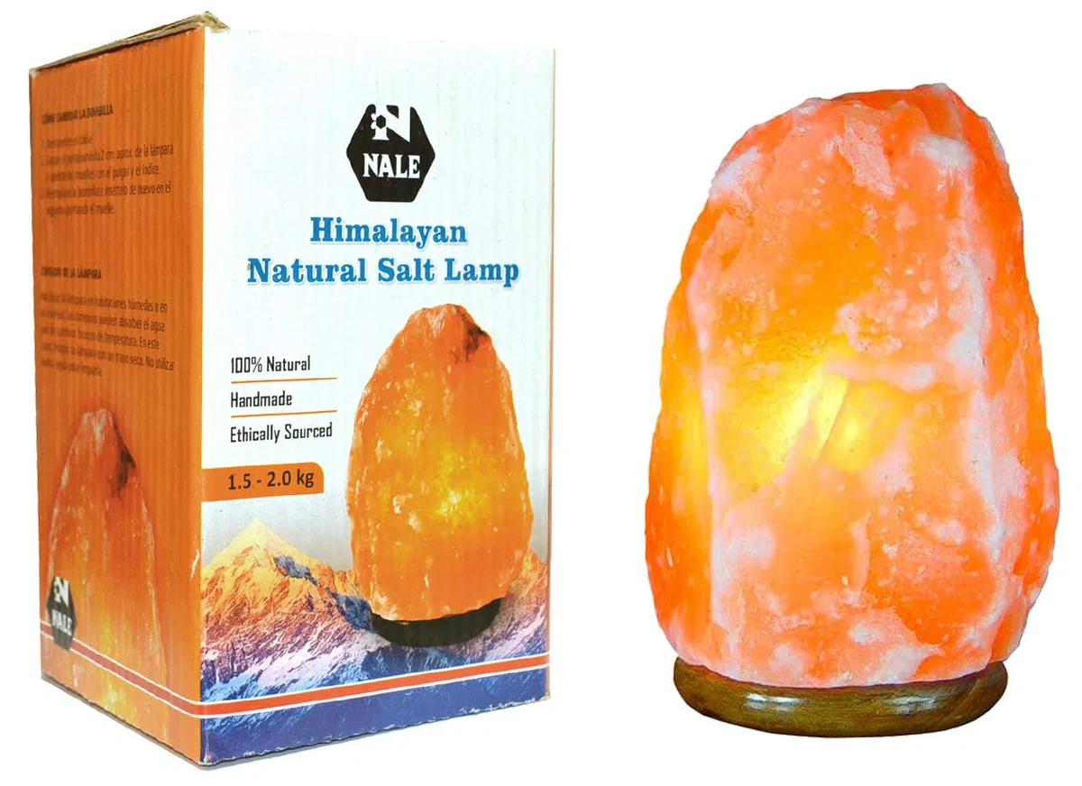 Lampada di Sale Naturale dell'Himalaya da Tavolo da 1 a 2 kg con Base in Legno, Colore Arancione, Luce LED