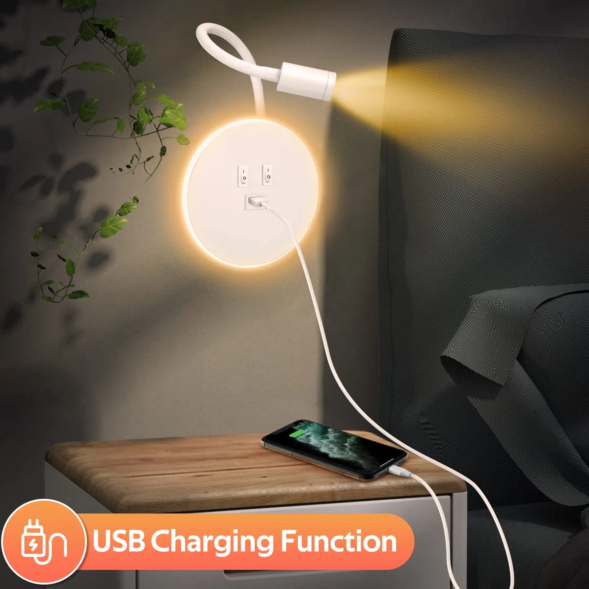 Weigudoc Lampada da Lettura a Collo D'oca a LED, Lampada da Parete, Lampada da Lettura da Comodino, Lampada da Parete Regolabile da Comodino con Porta di Ricarica USB e Interruttore(White)