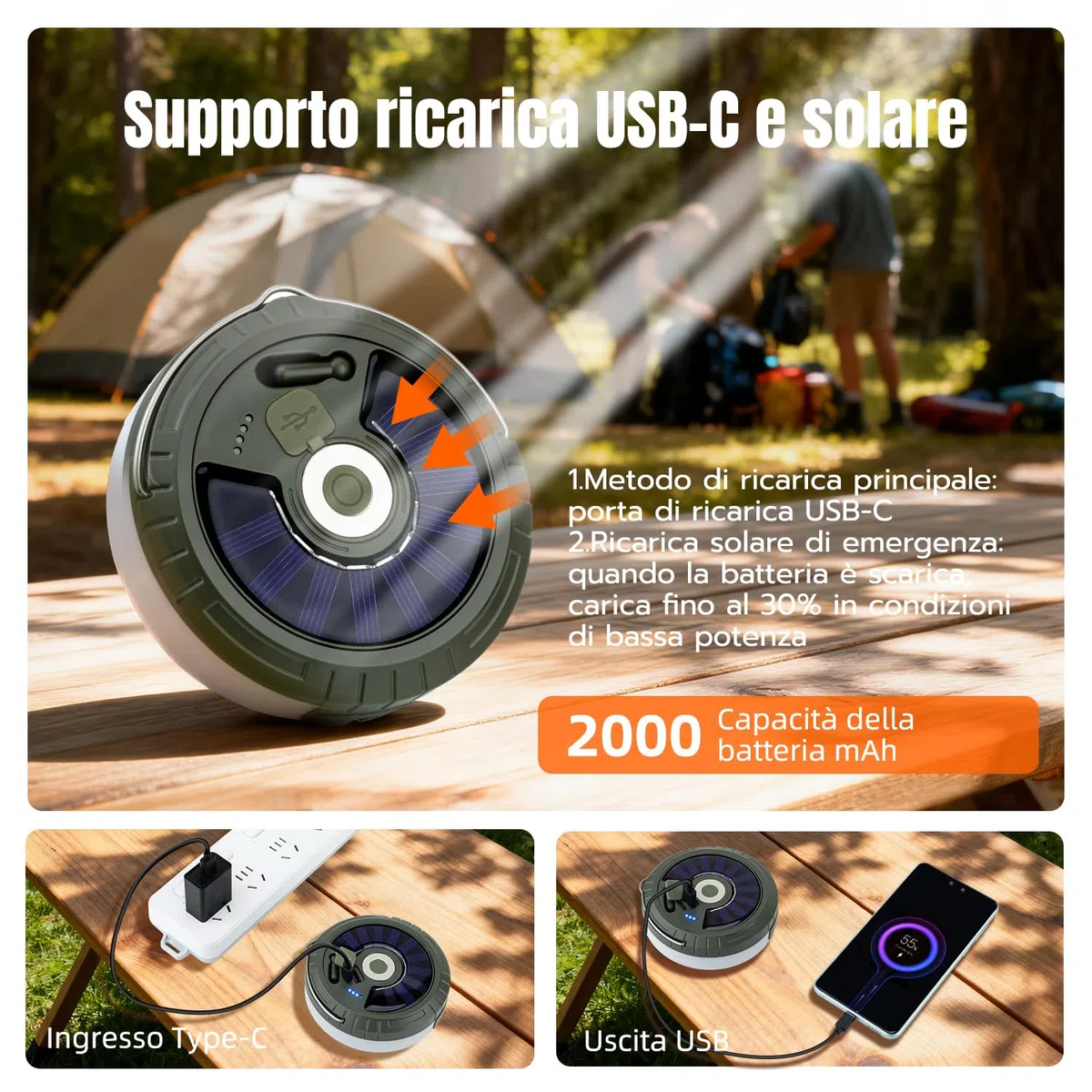 Luci da Campeggio da 10 m, luci Solari da campeggio,Luci LED Ricaricabili Portatili e Retrattili con Telecomando, 5 Modalità, Ricarica USB-C/Solare, Magnetiche, IP44, Bianco caldo, Multicolore