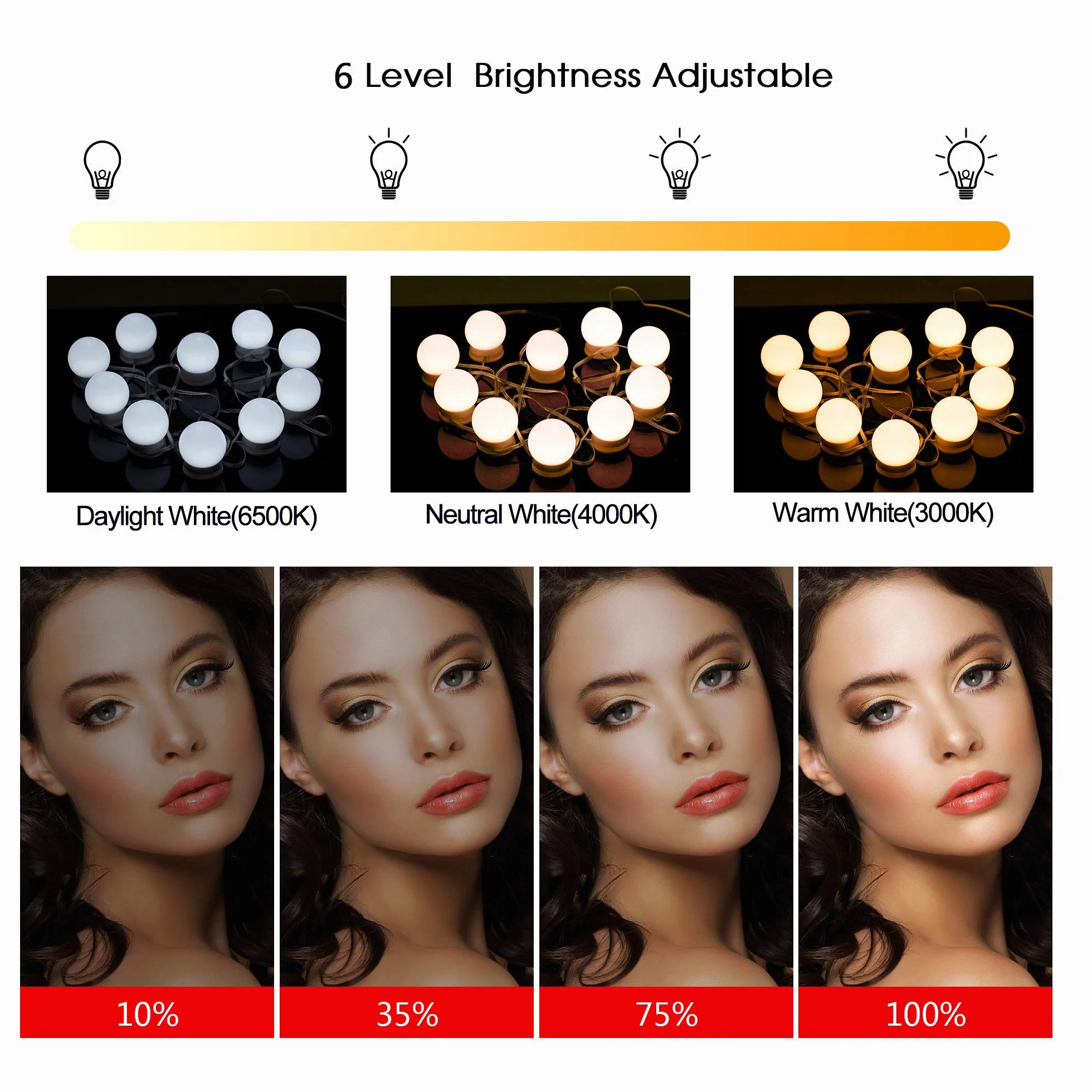 Aourow Luci da Specchio a LED in Stile Hollywood,Lampade da Toeletta con 10 Lampadine Dimmerabili,Lampada da Trucco a LED 5 Modalità Colore e 6 Luminosità per Specchio Cosmetico