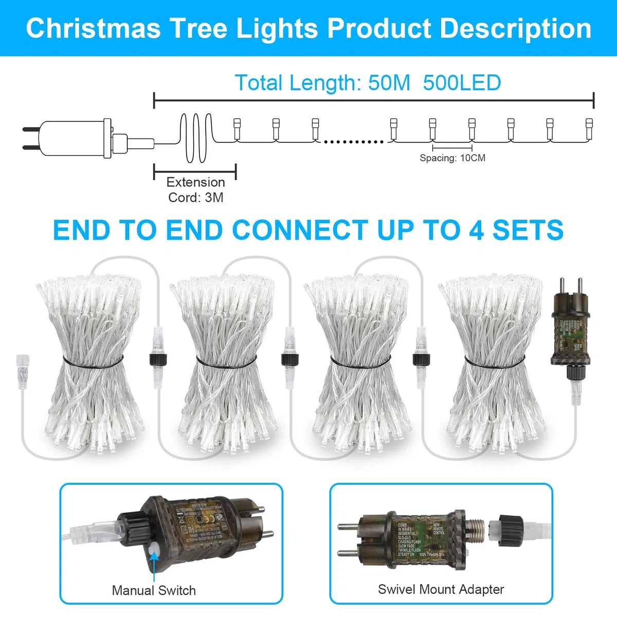 FairyGlim Catena di luci natalizie con telecomando, 50 m, 500 LED, impermeabile, per esterni, 8 modalità, ideale per giardini, feste, terrazze e balconi, decorazione festiva (bianco caldo)