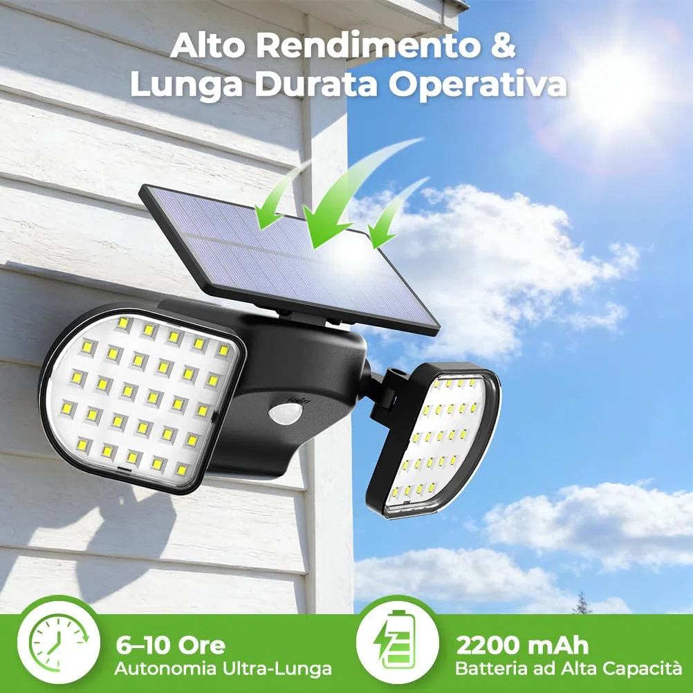 OUSFOT Faretto LED da Esterno Solare 56 LED Luce SolareLED Esterno con Rivelatore 2200 mAh, Lampada Solare da Esterno IP65 Illuminazione da Parete Esterna per Giardino, Garage