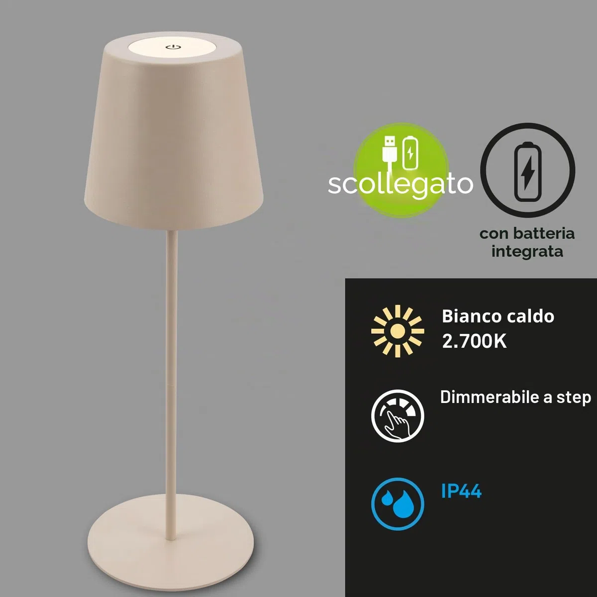 BRILONER - Lampada da tavolo LED senza fili con touch, dimmerabile a passi, regolabile in altezza, lampada da comodino, lettura, campeggio, ricaricabile, esterno, 36x10,5 cm, beige