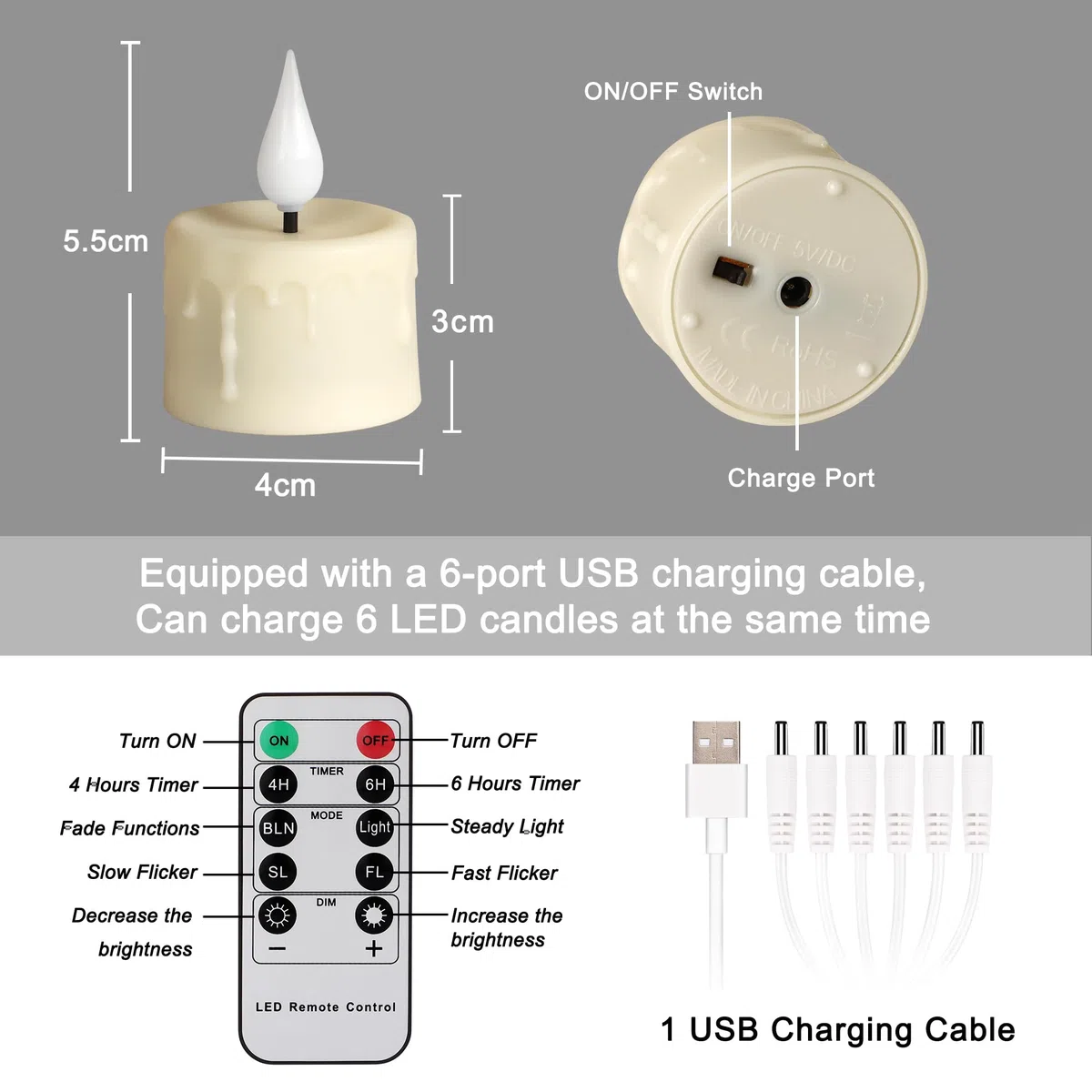 FREEPOWER 6 candele lumini LED ricaricabili con telecomando timer tremolante, luce bianca calda, dimmerabili, candele elettriche con cavo USB, decorazione per Halloween Natale, diametro 4 x 5,5 cm