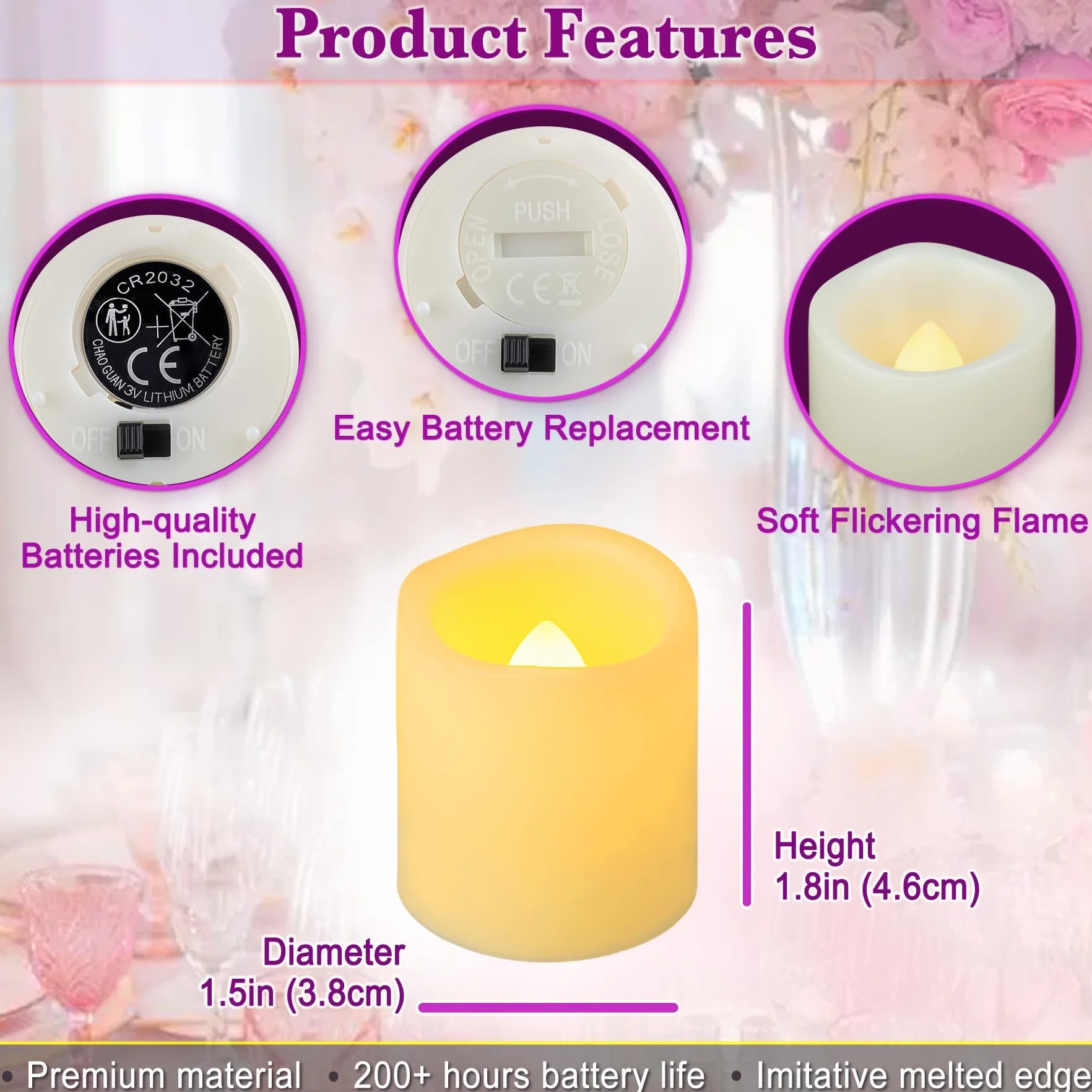 Confezione da 24 lumini da 3,8 x 4,6 cm, senza fiamma, funzionamento a batteria, illuminate oltre 200 ore di tremolio a LED, candele votive elettriche per esterni, per matrimoni, Halloween,