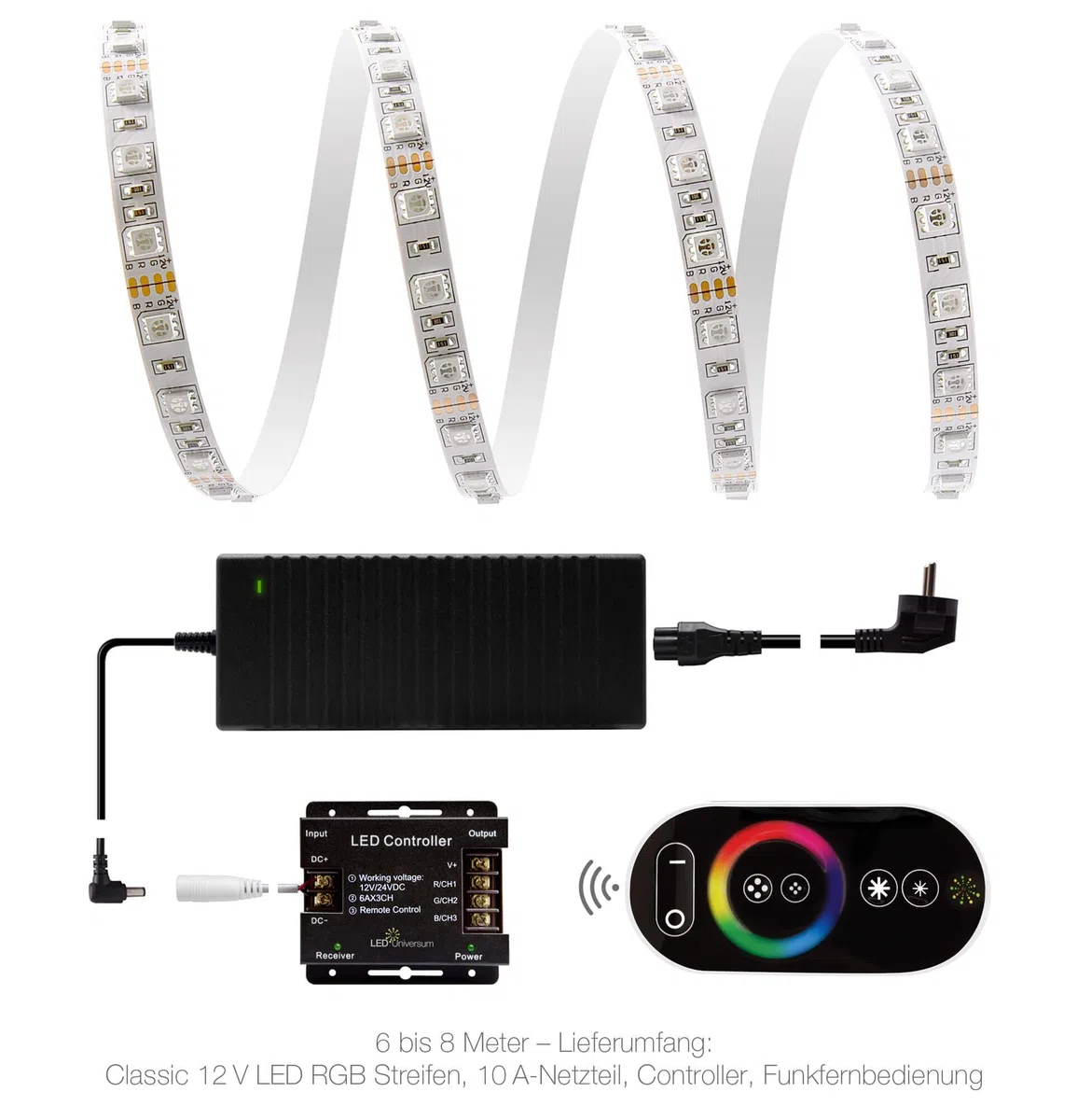 6 meter RGB LED Strip Set (60 LED/m, IP20) incluso controller telecomando senza fili e di alta qualità, 10 a alimentazione adattatore