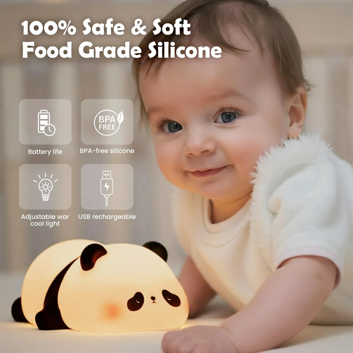 LEIGHT Luce Notturna per Bambini, Lampada LED Ricaricabile Touch con 3 Modalità di Luce (Sonno, Soft, Intensa), Lampada da Comodino per Camera, Regalo per Neonati e Bambini - Luce notturna del panda