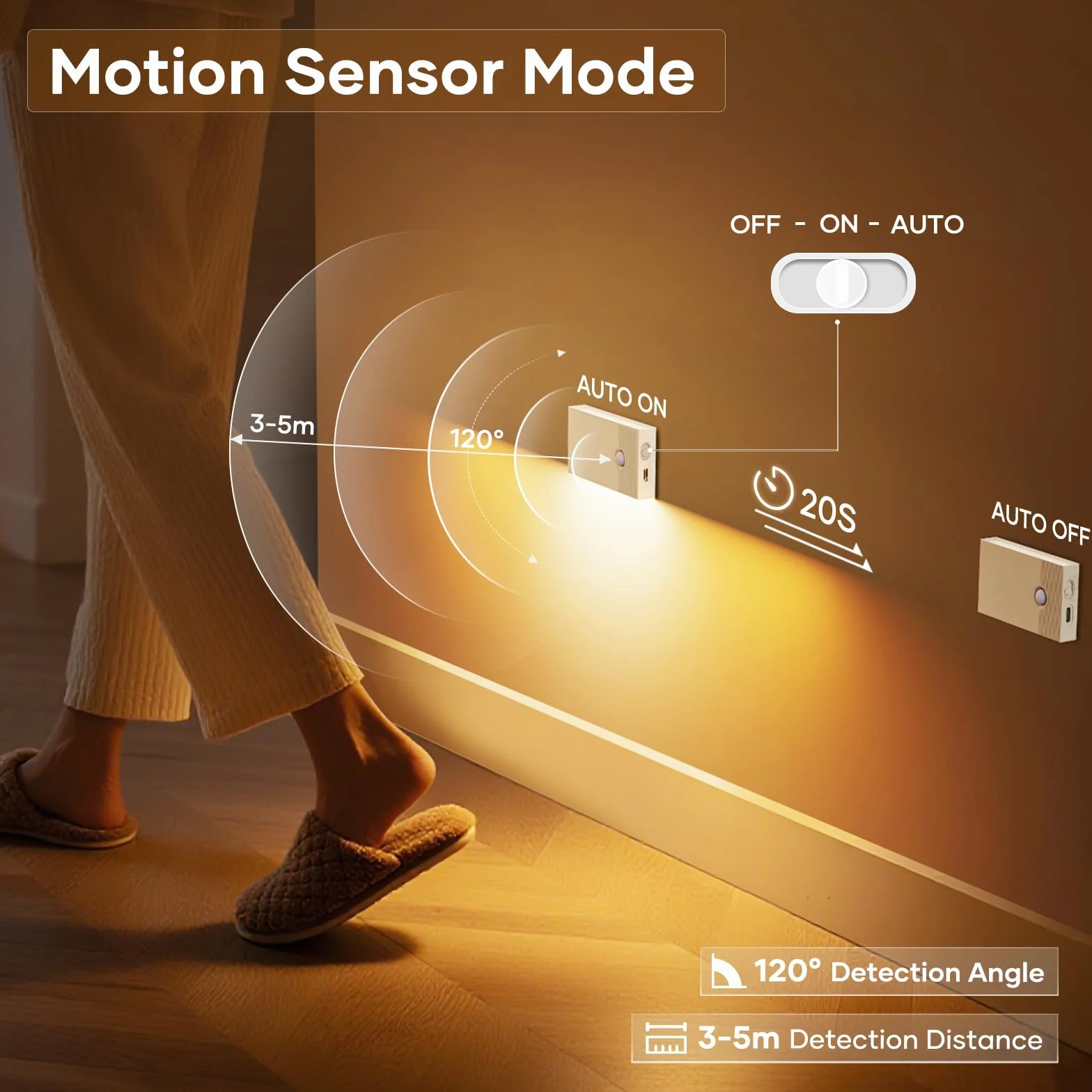 Luce Notturna con Sensore di Moviment, 4 Pezzi Ricaricabile Luce Notturna a Led ON/OFF/AUTO Modalità, 2700K Bianco Caldo Luce Bambini per Scale Corridoio Camera da Letto Soggiorno