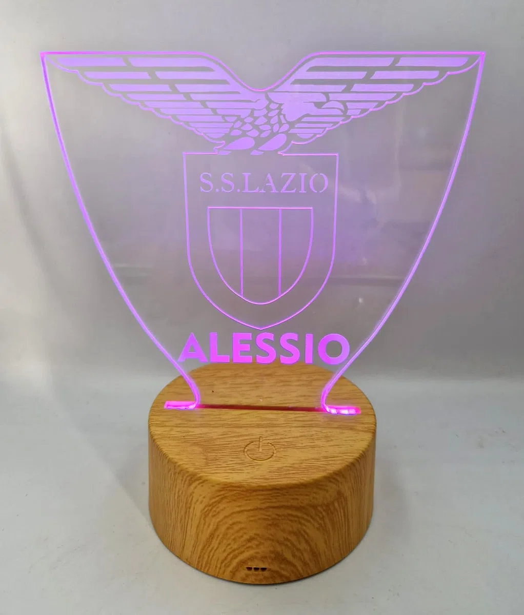 Generico Lampada in Plexiglass con Base Nera Logo Lazio Calcio e Nome Personalizzato Decor Night Light LED Luce Camera 7 Colori