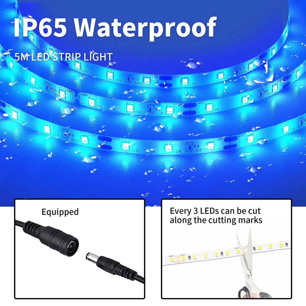 Striscia LED 5 Metri 12V Blu, Luci LED Striscia Luminoso IP65 Impermeabile 300LEDs Strisce LED Flessibili per Interno Esterno Cucina Hotel Natale Decorazione (con Alimentatore)