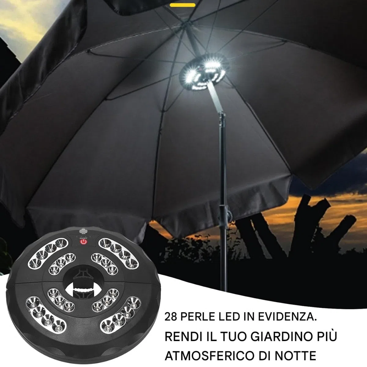 Lampada ricaricabile per ombrellone da patio - Lampada da 28 LED in ABS da 7,87x7,87x1,38 pollici, dispositivo di illuminazione esterna impermeabile con controllo della luminosità in 3 modalità |