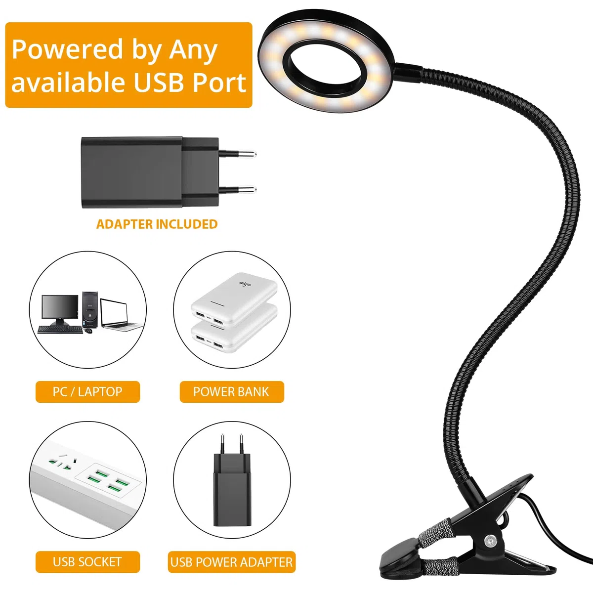 TBTeek Lampada da Lettura, 48 LED Lampada a Pinza, Lampada da Scrivania per la Cura degli Occhi, 3 Modalità e 10 Livelli di Dimmerazione, Lampada a Morsetto per Uso Ufficio Casa, Adattatore CE Incluso