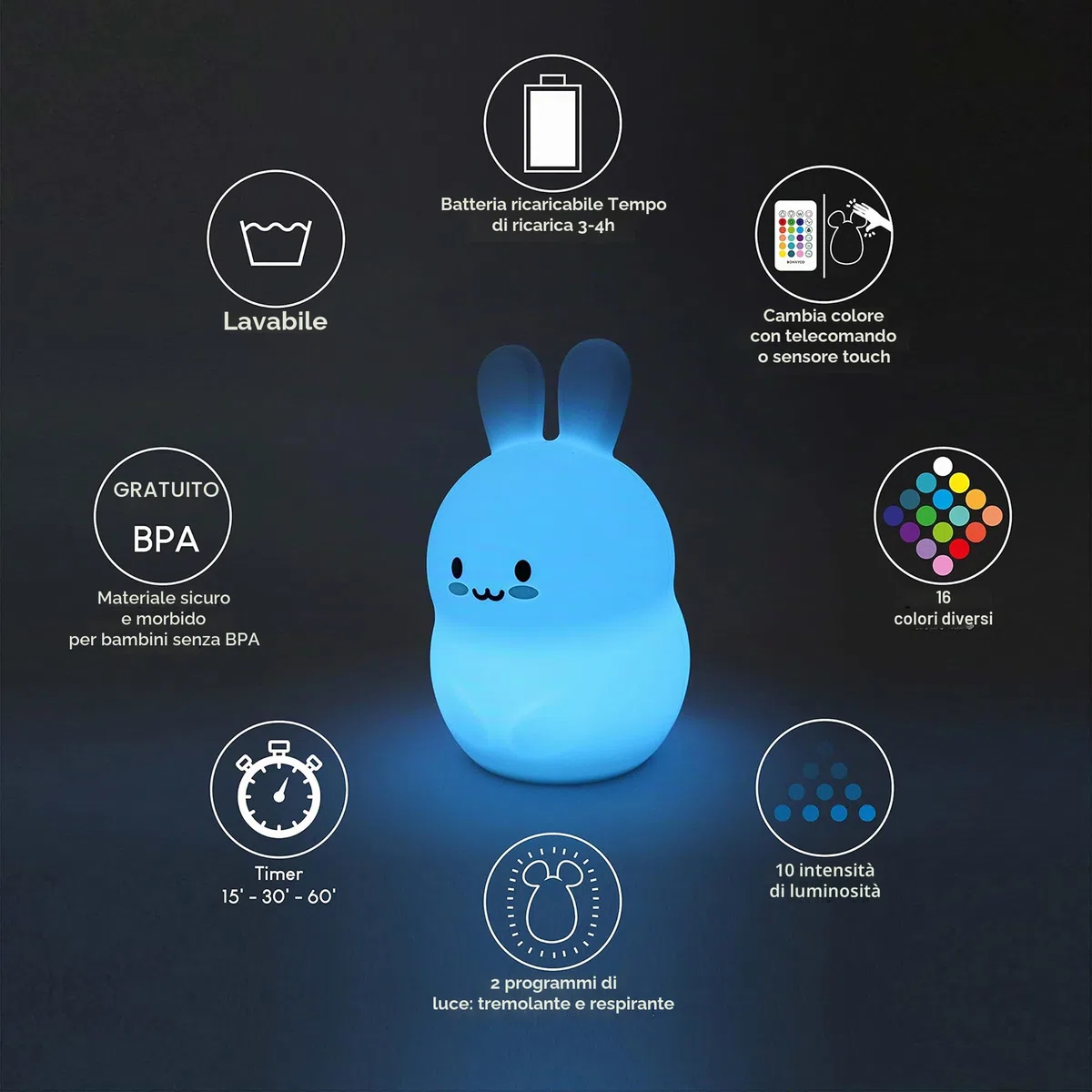 BONNYCO Luce Notturna Bambini con Telecomando e Sensore Tattile 16 Colori. Lampada Notturna per Bambini con Timer, Lucina Notte Bimbi Silicone BPA Free. Coniglio Lampada, Camaretta per Bambina