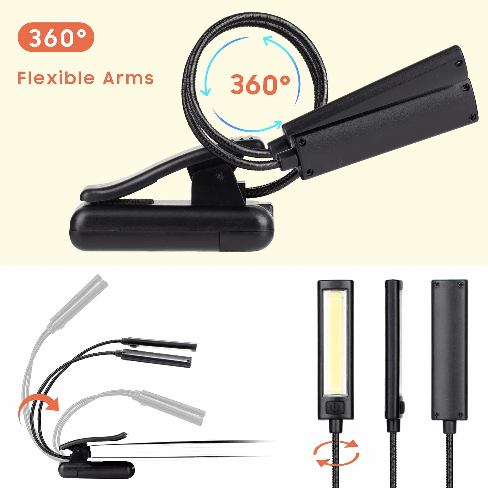 CAHAYA Lampada per Lettura con Pinza Dual Head Luci per Leggio Musicale con 32 LED Luminoso Luce a Clip Portabile con 3 Intensità di Luminosità Cavo di Ricarica 2.5m Modello CY0243