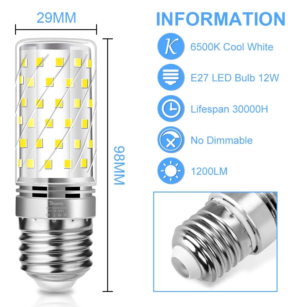 Lampadina Mais LED E27 12W, Luce Bianca Fredda 6500K, Equivalenti a 100W Incandescenza, Non Dimmerabile, Nessun Sfarfallio Risparmio Energetico, 6 Pezzi