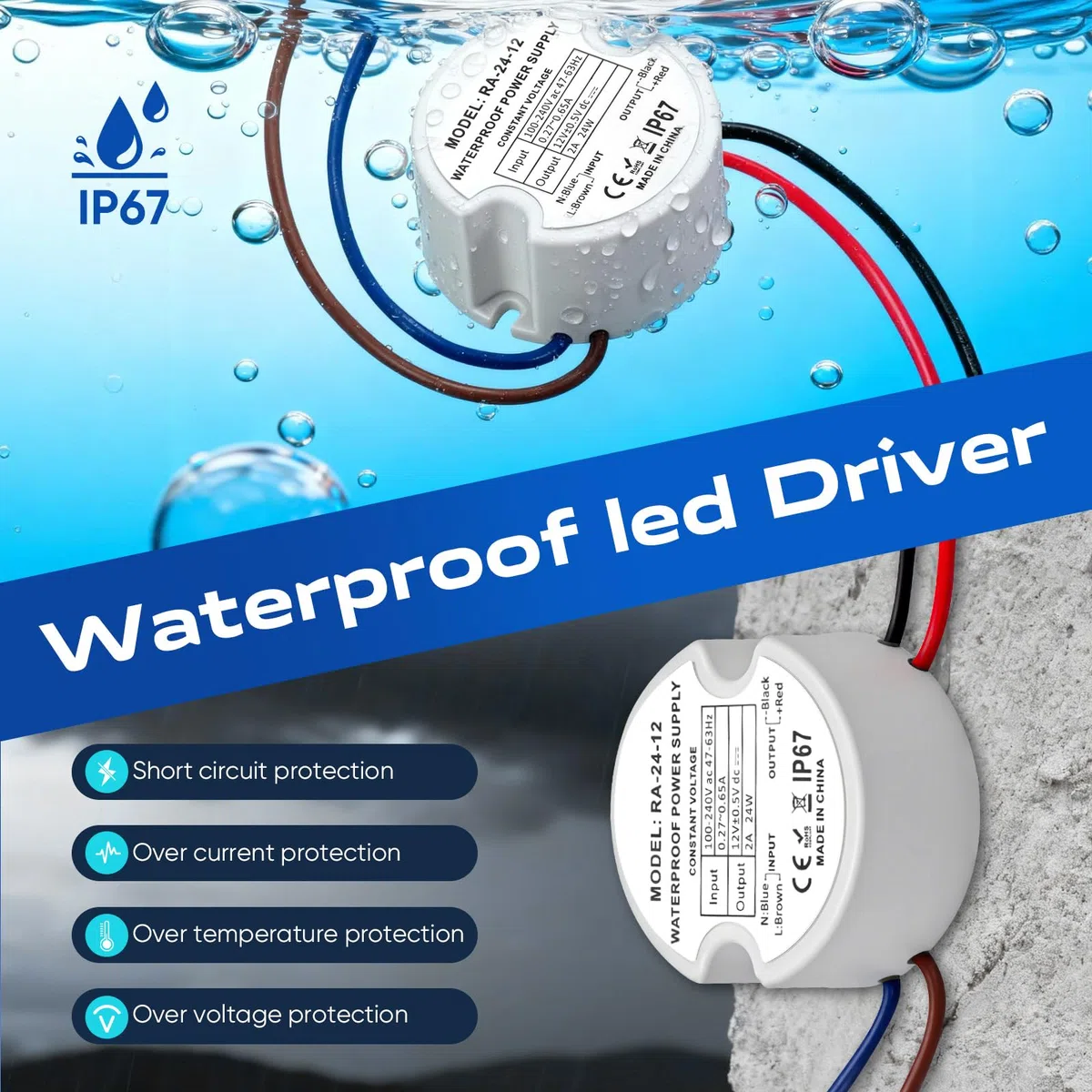 Trasformatore LED 220V a 12V DC 24W 2A, IP67 Alimentatore Rotondo Ø48mm con 2 Connettori per LED Interno ed Esterno