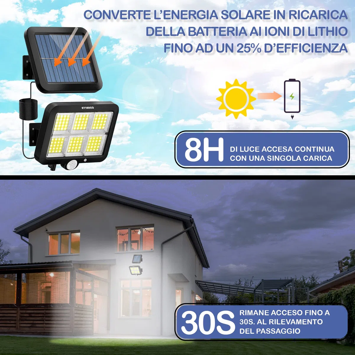 Faretti Solari a LED Da Esterno, 98 LED Con Sensore Crepuscolare e di Movimento, Con Pannello Solare Impermeabile IP65 (COB 10W 1UNI)