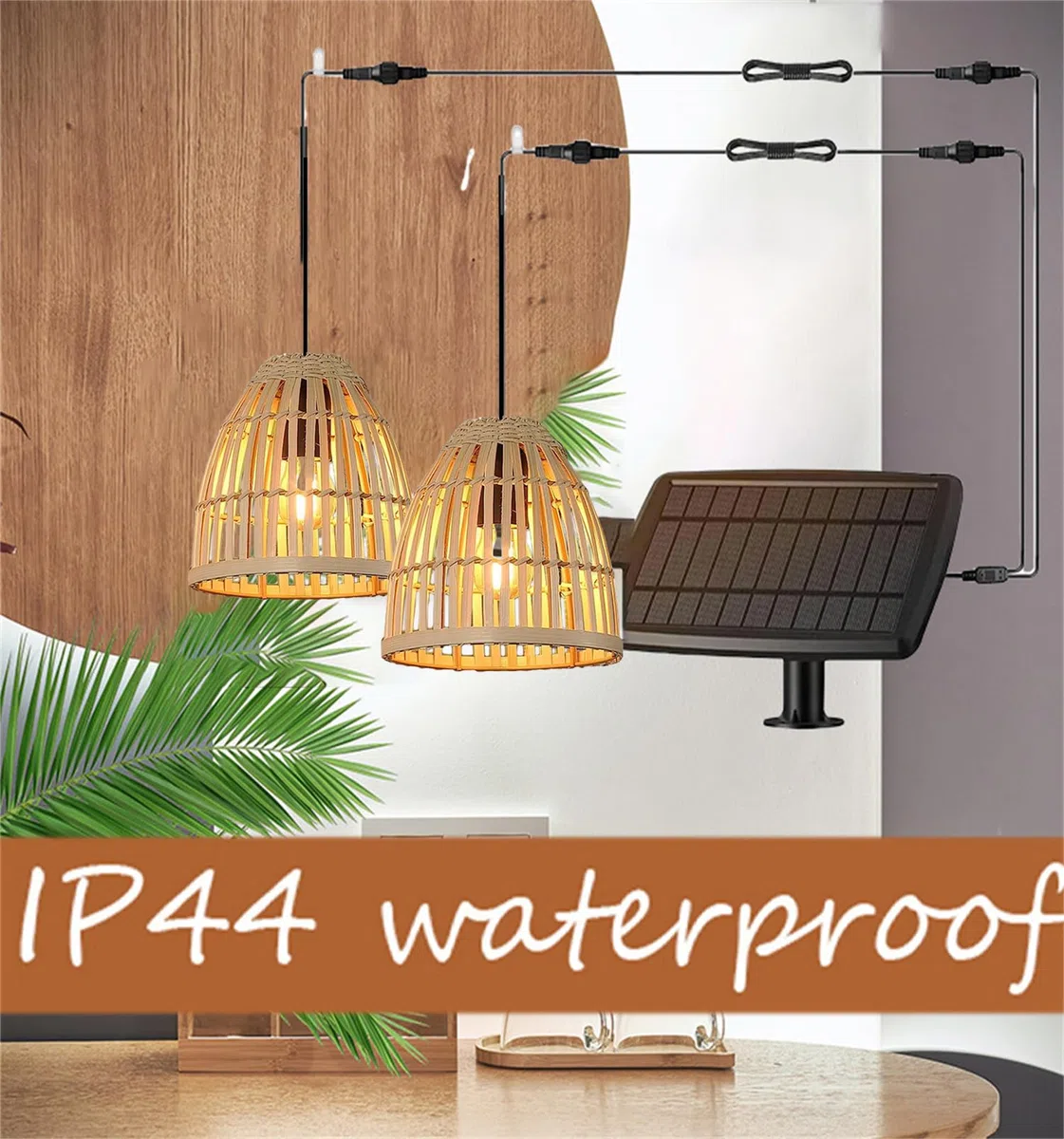 Lampadario Solare Boho Outdoor Rattan 2 Luci LED 300 Lumen Dimmerabile Telecomando