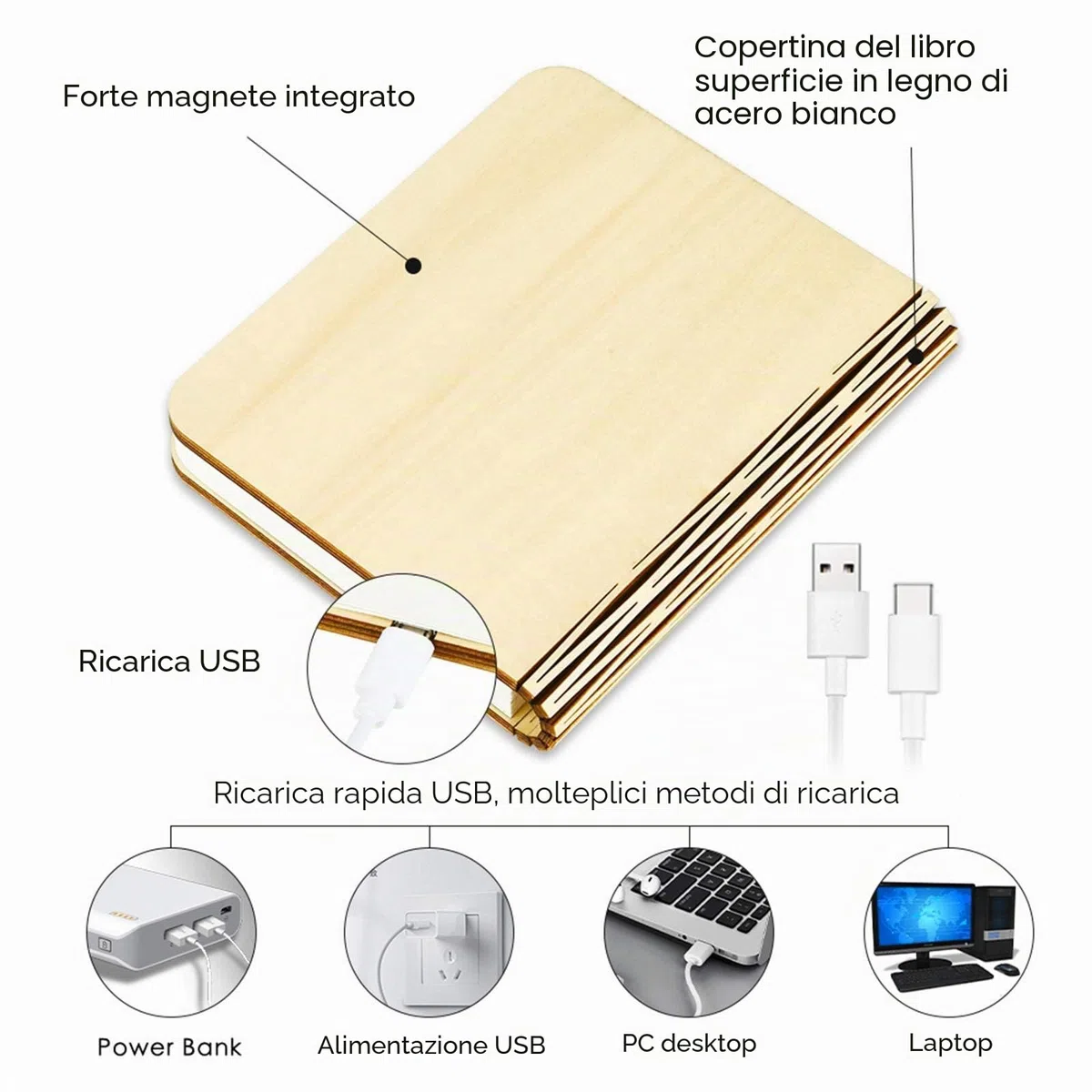 Lampada a LED, pieghevole, lampada da libro, luce illuminazione d'atmosfera, ricaricabile tramite USB, bianca calda, notturna, comodino per bambini, fidanzata, regalo la casa