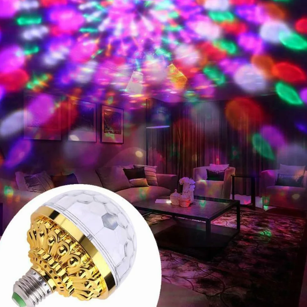 Luce a Sfera Rotante Colorata DJ Crystal RGB Party Light Disco Ball LED Strobe Lamp Lampadina con Presa E27 6W (E.U. Regulations)