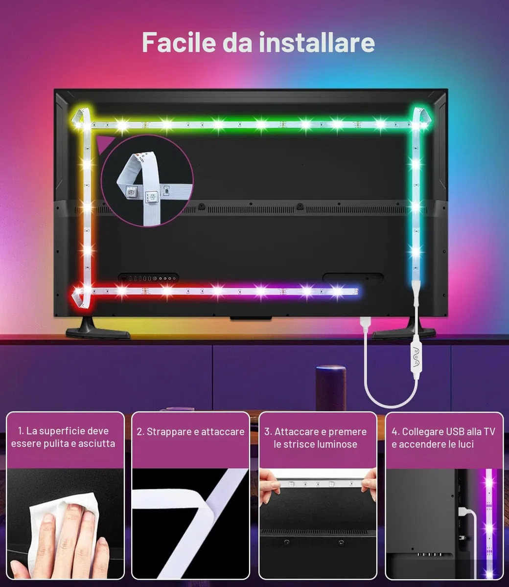 Daymeet Striscia LED TV RGB 4m, Retroilluminazione TV per 55-75 Pollici, Luci LED RGB con App + Telecomando, Sincro Musicale, Effetto Arcobaleno Dinamico, Alimentazione USB per Monitor HDTV