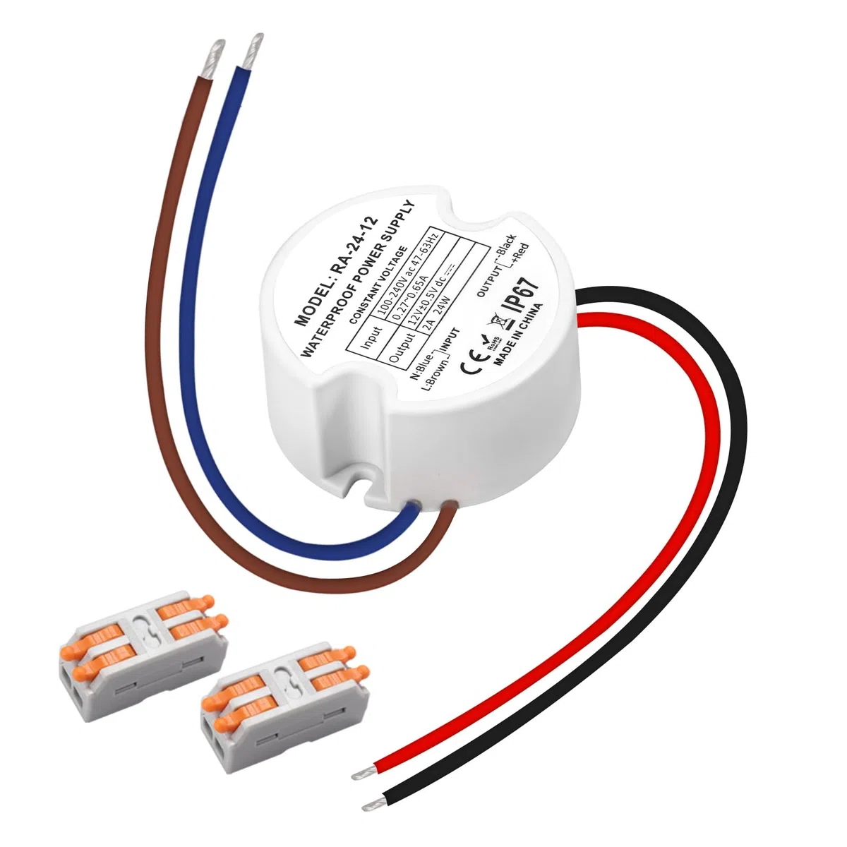 Trasformatore LED 220V a 12V DC 24W 2A, IP67 Alimentatore Rotondo Ø48mm con 2 Connettori per LED Interno ed Esterno