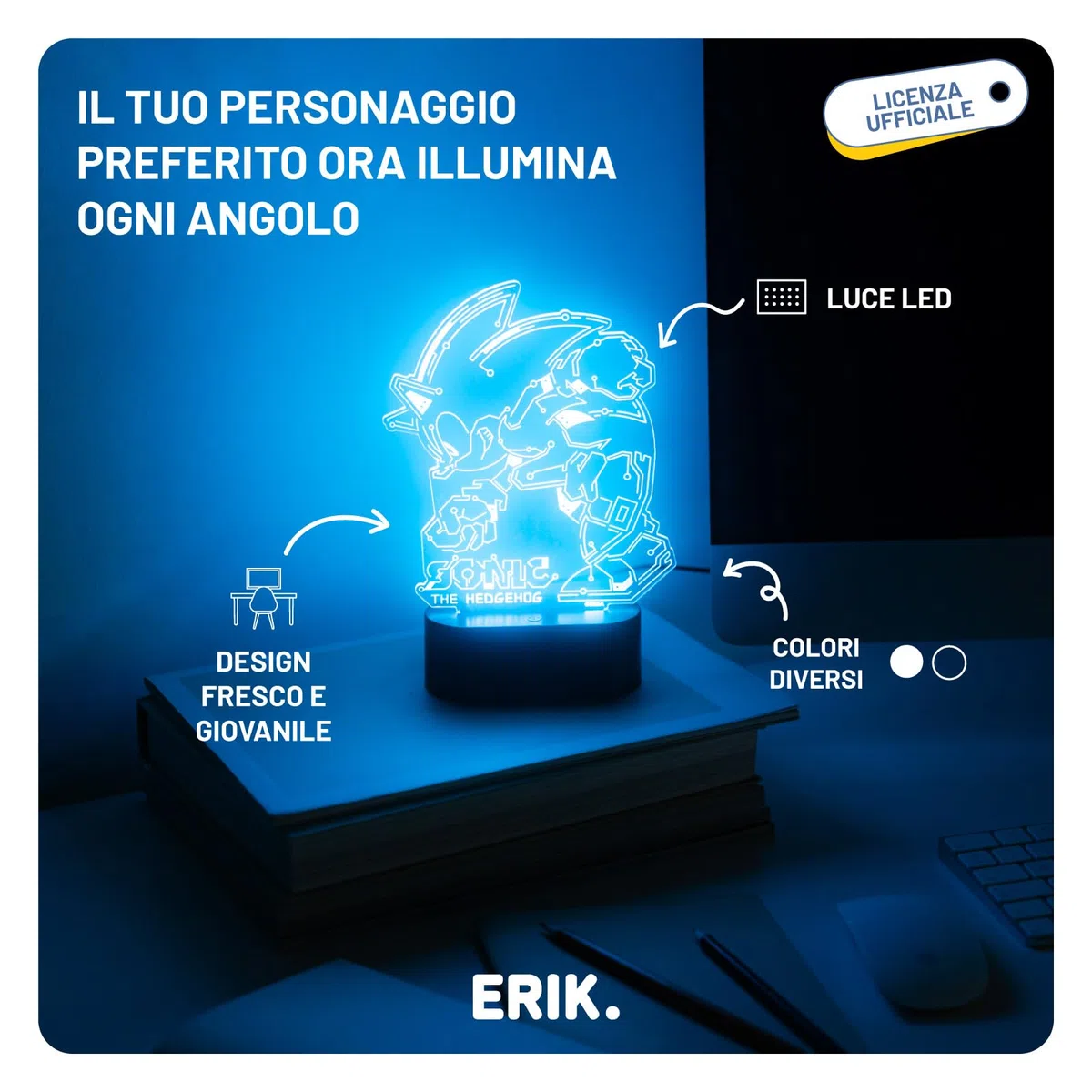 Grupo Erik Lampada Sonic - Lampada da Comodino o da Tavolo LED Gaming con Cavo USB o Batterie AAA | Luce Notturna Bambini 17 x 20 x 5,5 cm