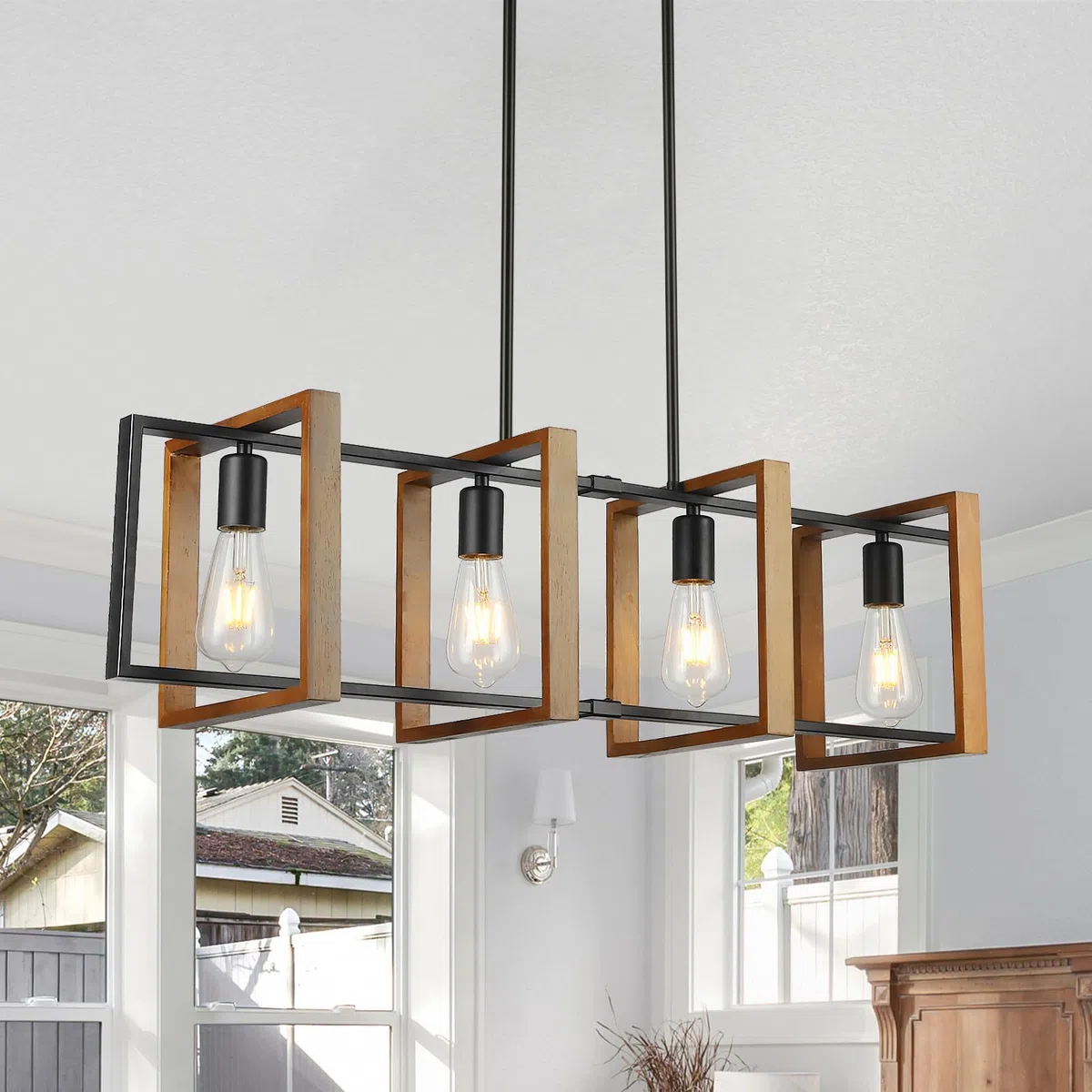 Illuminazione dell'isola della cucina della luce nera, legno e metallo lampade da tavolo da biliardo Lampadari Lampada da soffitto, altezza regolabile delle luci della camera da letto soffitto