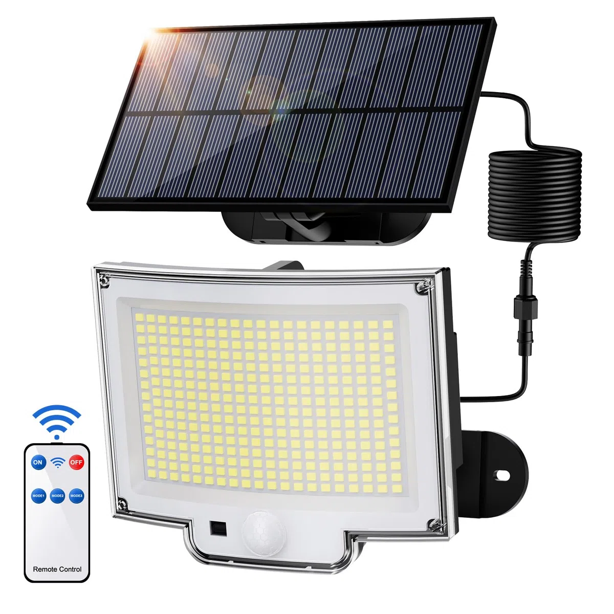 SIGRILL Faretti Solari a LED da Esterno con Sensore di Movimento, 318 LED Luce Solare Led Esterno con 3 Modes, 5M Cavo, Lampada Solare da Esterno (1 Pezzo - 318LED Bianco Freddo)