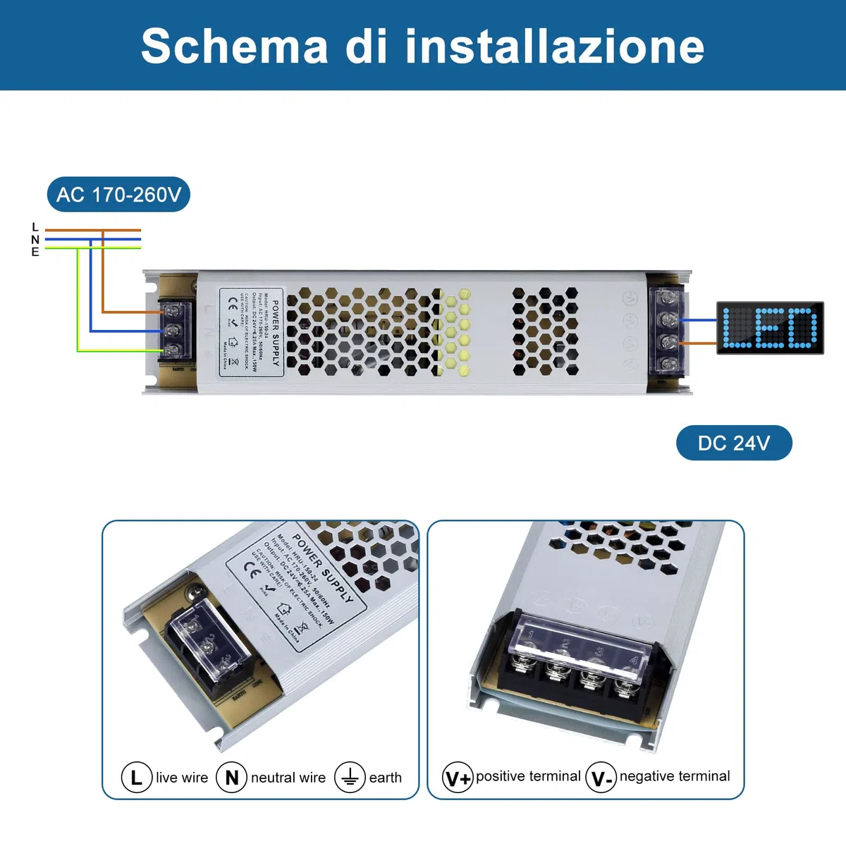 Trasformatore LED 24V 150W 6.25A, Alimentatore Switching Stabilizzato IP20 Slim, Driver AC110/220V a DC 24V per Strisce e Lampadine